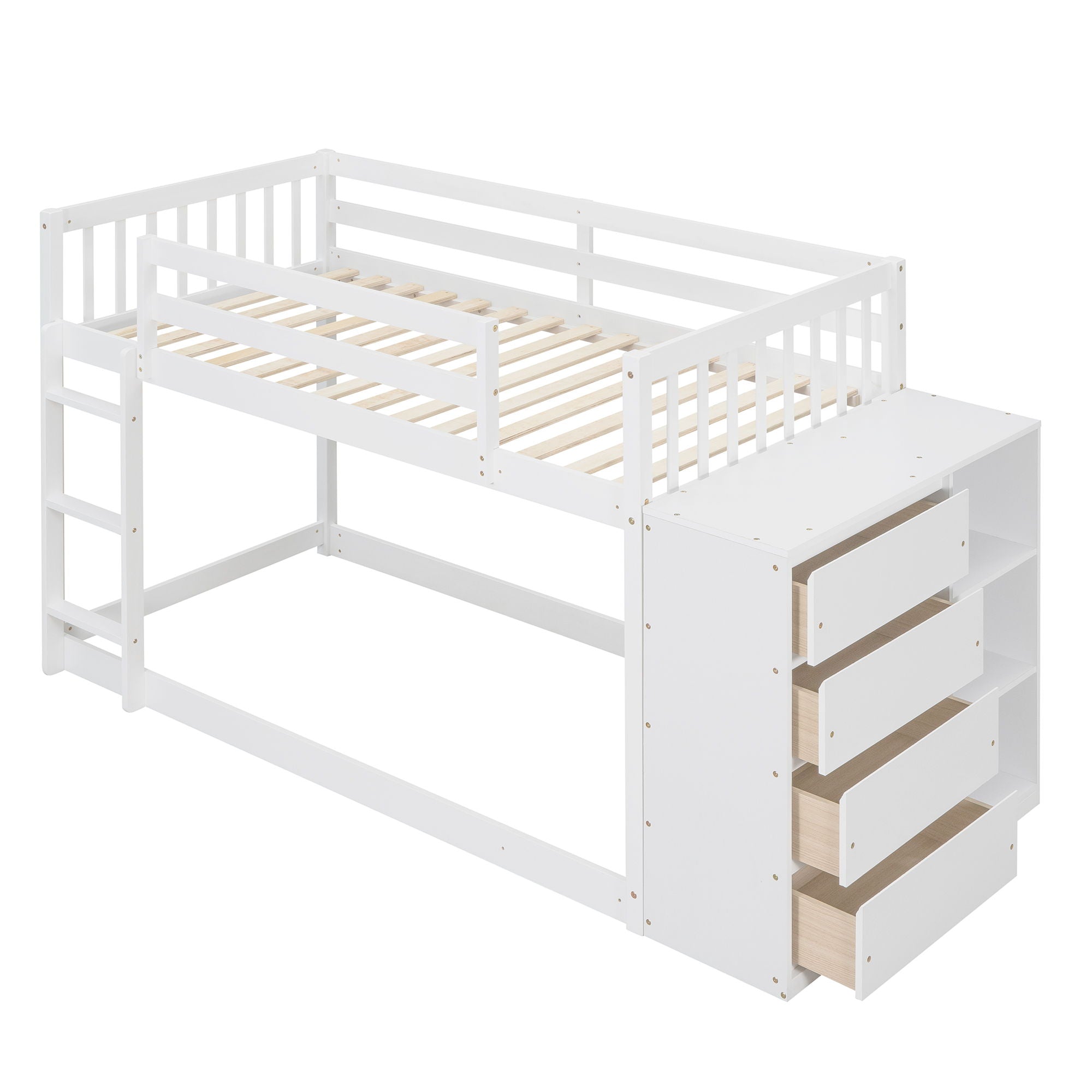 Twin Over Twin Bunk Bed With 4 Drawers And 3 Shelves