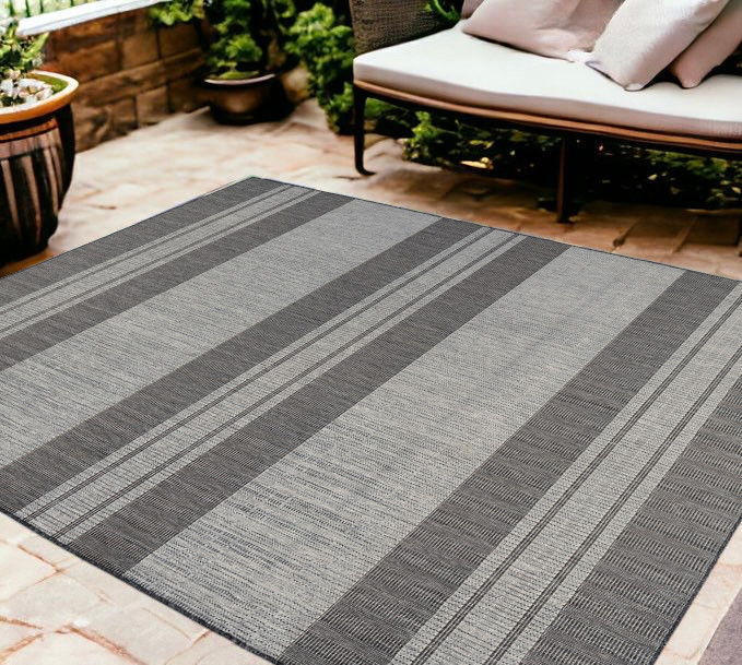 9' X 12' Striped Stain Resistant Outdoor / Indoor Area Rug - Blue / Gray