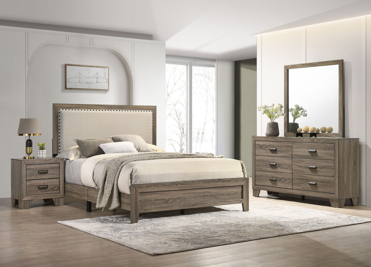 Millie - Upholstered Bedroom Set Gray 4 Pc. Bed, Dresser, Mirror, Nightstand by Crown Mark | Bel Furniture