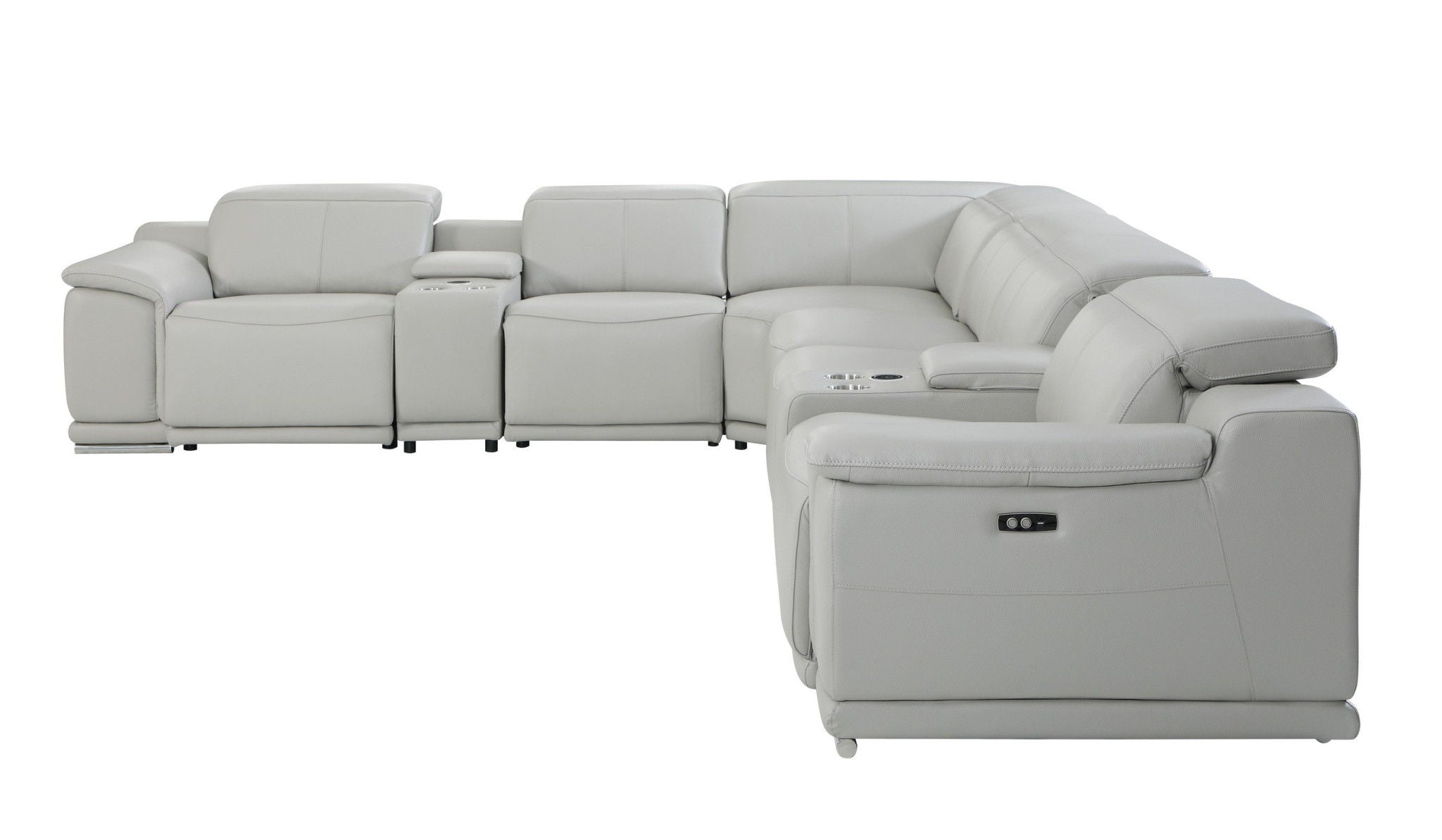 Italian Leather Power Reclining, U Shaped Eight Piece Corner Sectional With Console - Light Gray