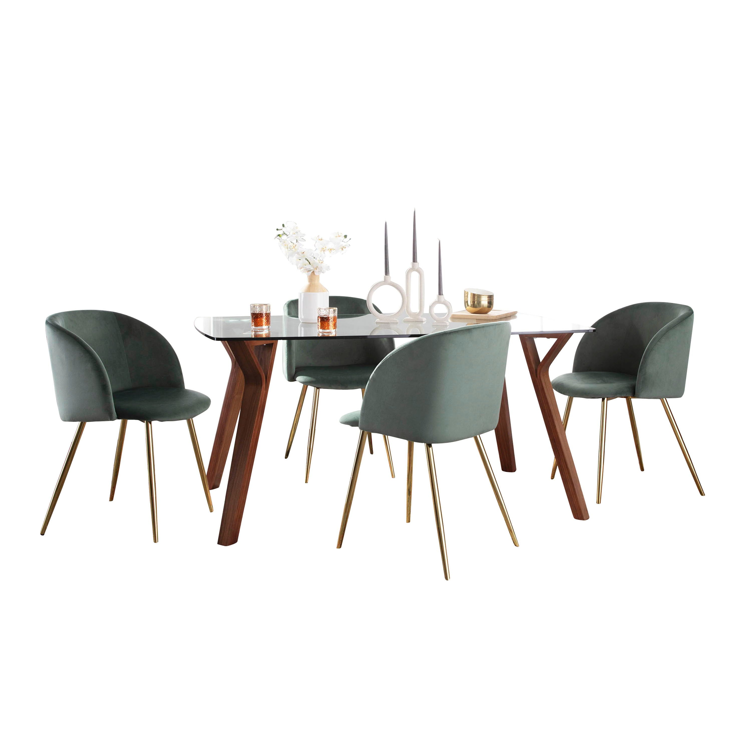 Folia Fran - 5 Piece Mid-Century Modern Dining Set - Walnut / Clear / Gold / Sage Green