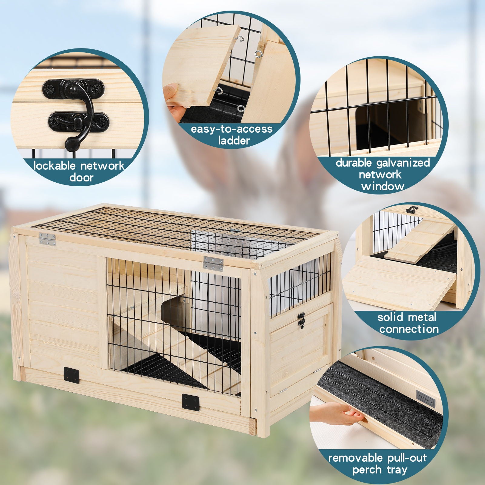 Wooden Rabbit Hutch Indoor Bunny House For Small Animals With Plastic Tray