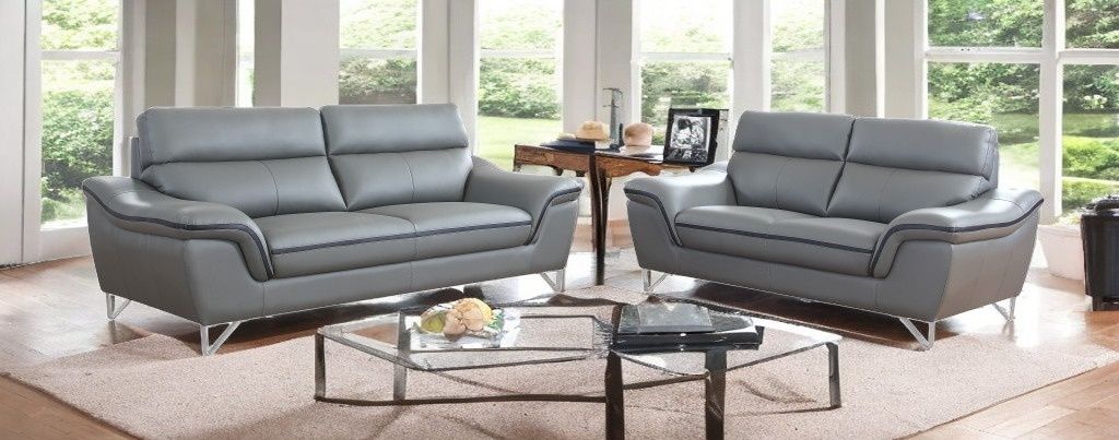 2 Piece Five Person Genuine Leather Indoor Seating Set - Gray