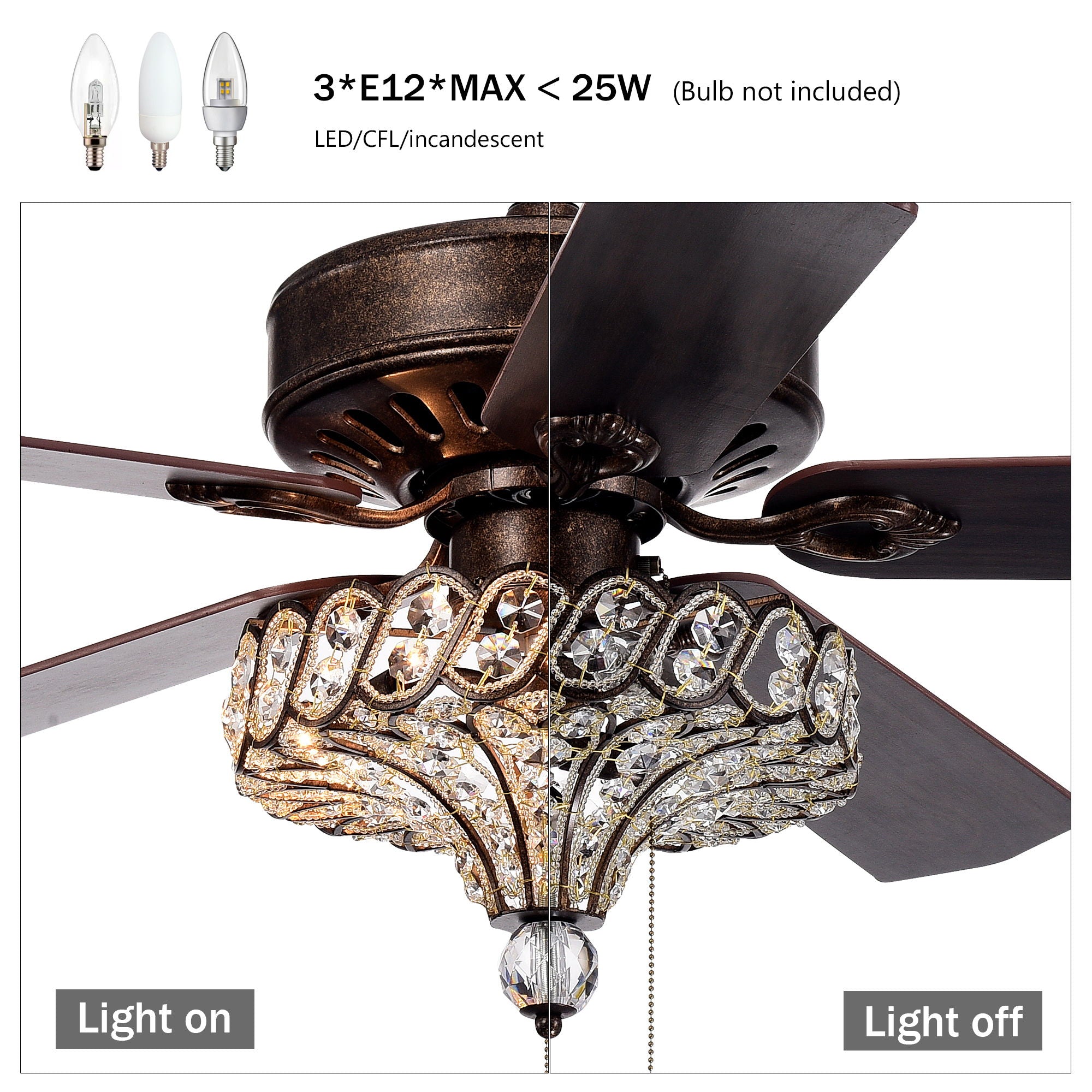 Classical Crystal Ceiling Fan Lamp, 3 Speed, 5 Reversible Blades For Living Room, Dining Room, Bedroom, Family Room, 3 Pieces*E12 (No Include Bulb, Hand Pull Chain) - Rustic Bronze