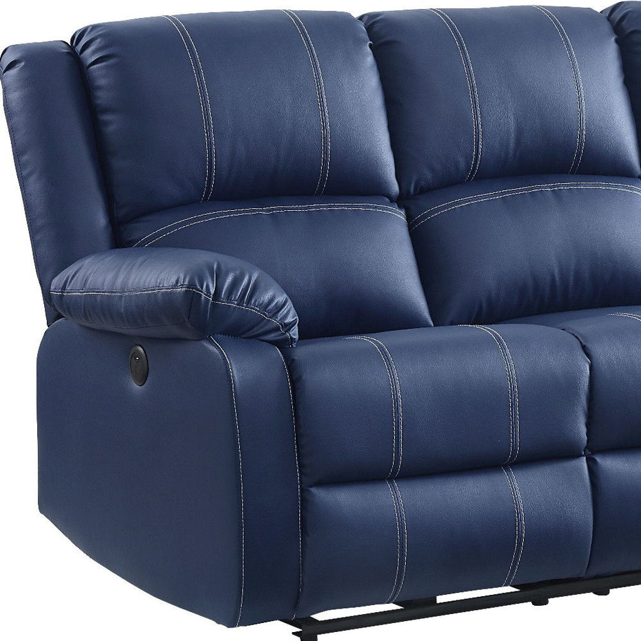 Faux Leather Reclining USB Sofa With Black Legs - Blue