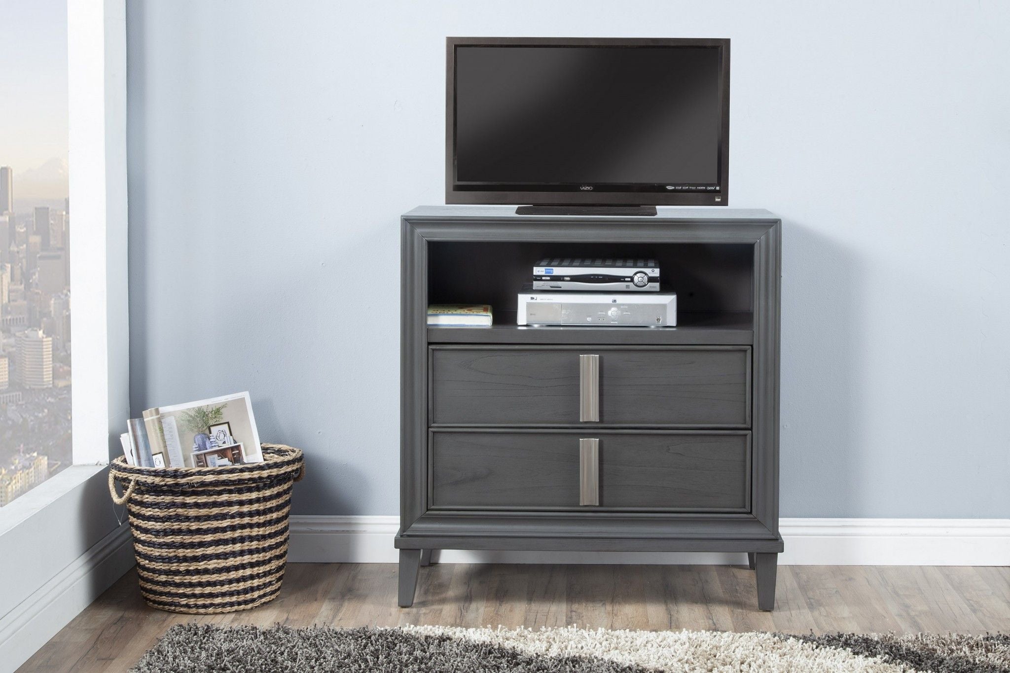 Pine Poplar Solids With Mindy And Veneer Open Shelving TV Stand - Gray