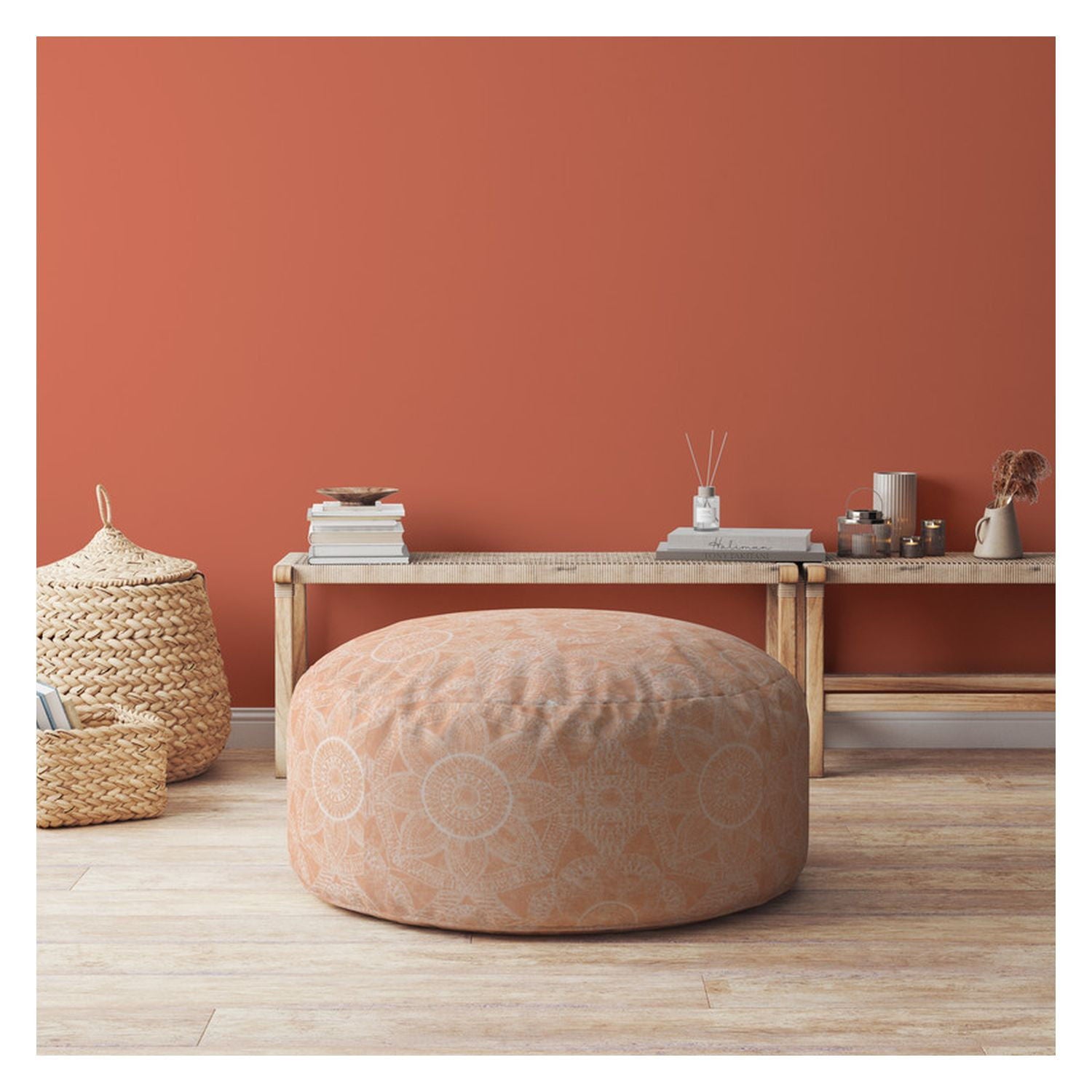 Cotton Round Floral Pouf Cover - Orange