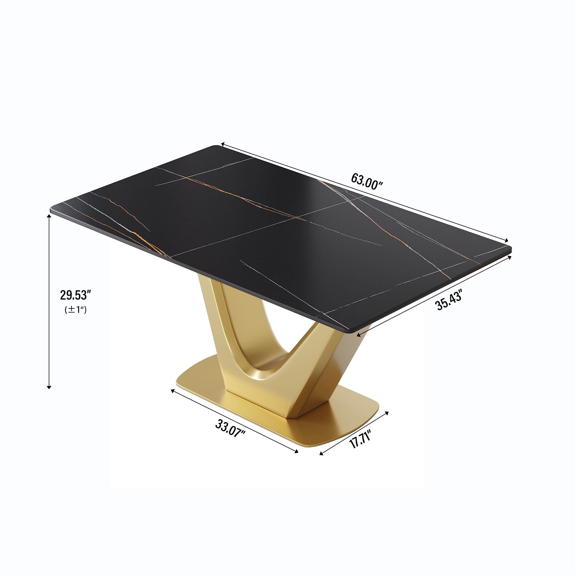 63" Modern Artificial Stone Panel V-Shaped Metal Legs, Can Accommodate 6-8 People - Black Top