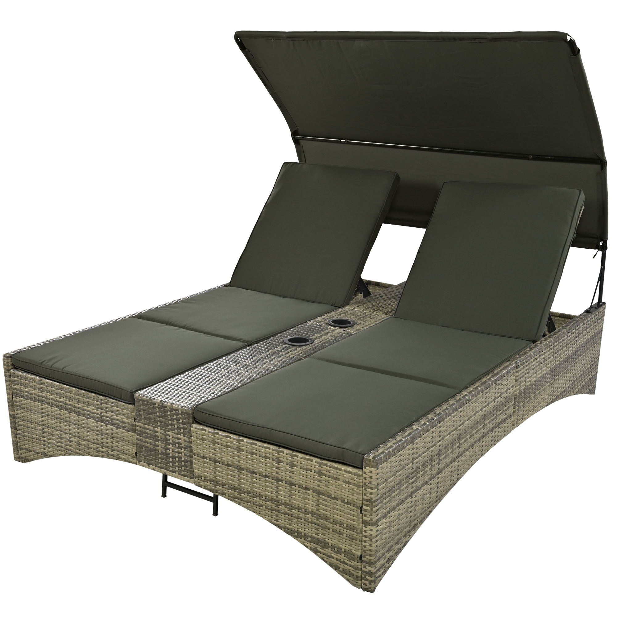 Patio Daybed Outdoor Daybed Sun Lounger With Shelter Roof With Adjustable Backrest, Storage Box And 2 Cup Holders For Patio, Balcony, Poolside