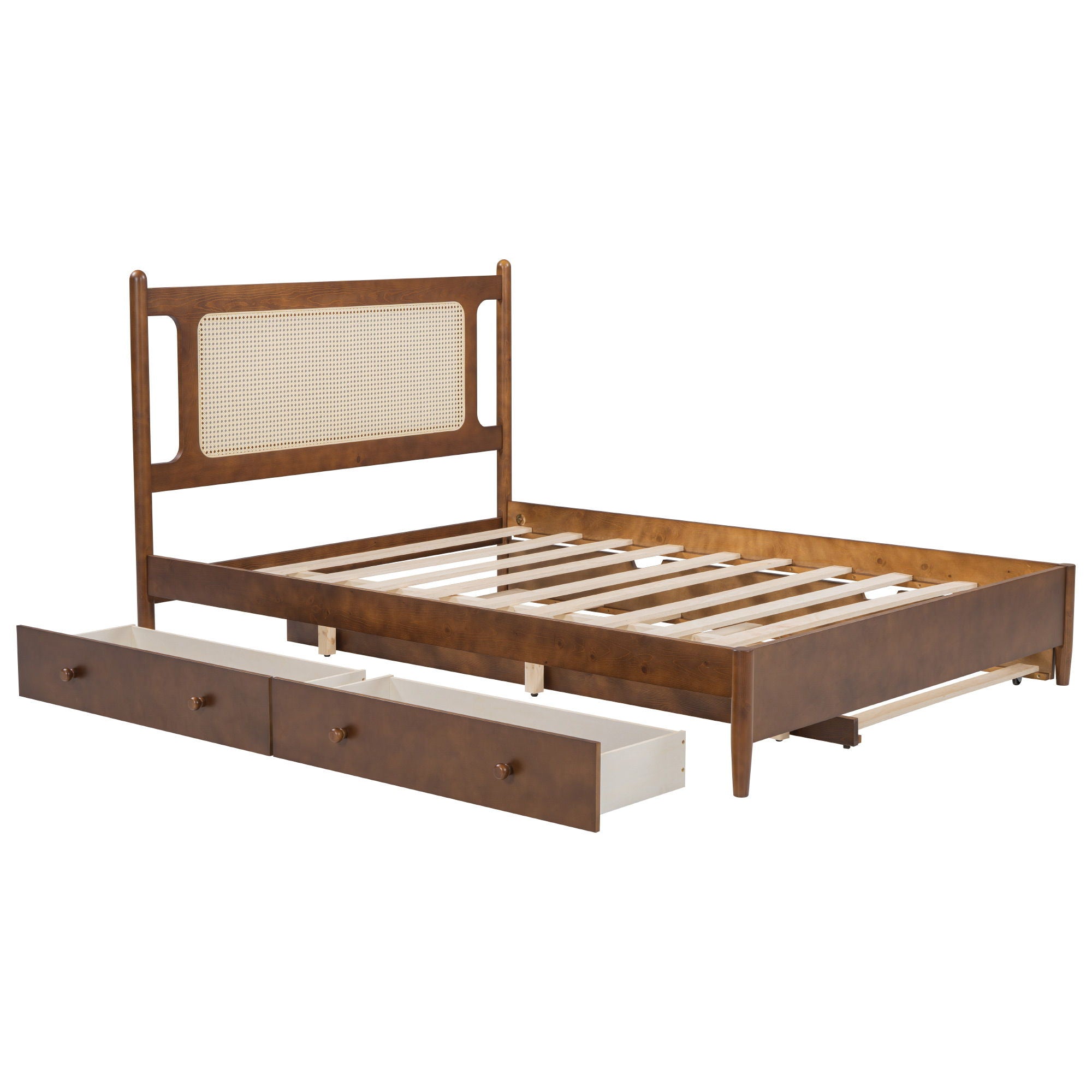 Wooden Rattan Platform Bed, With 2 Big Drawers & Trundle