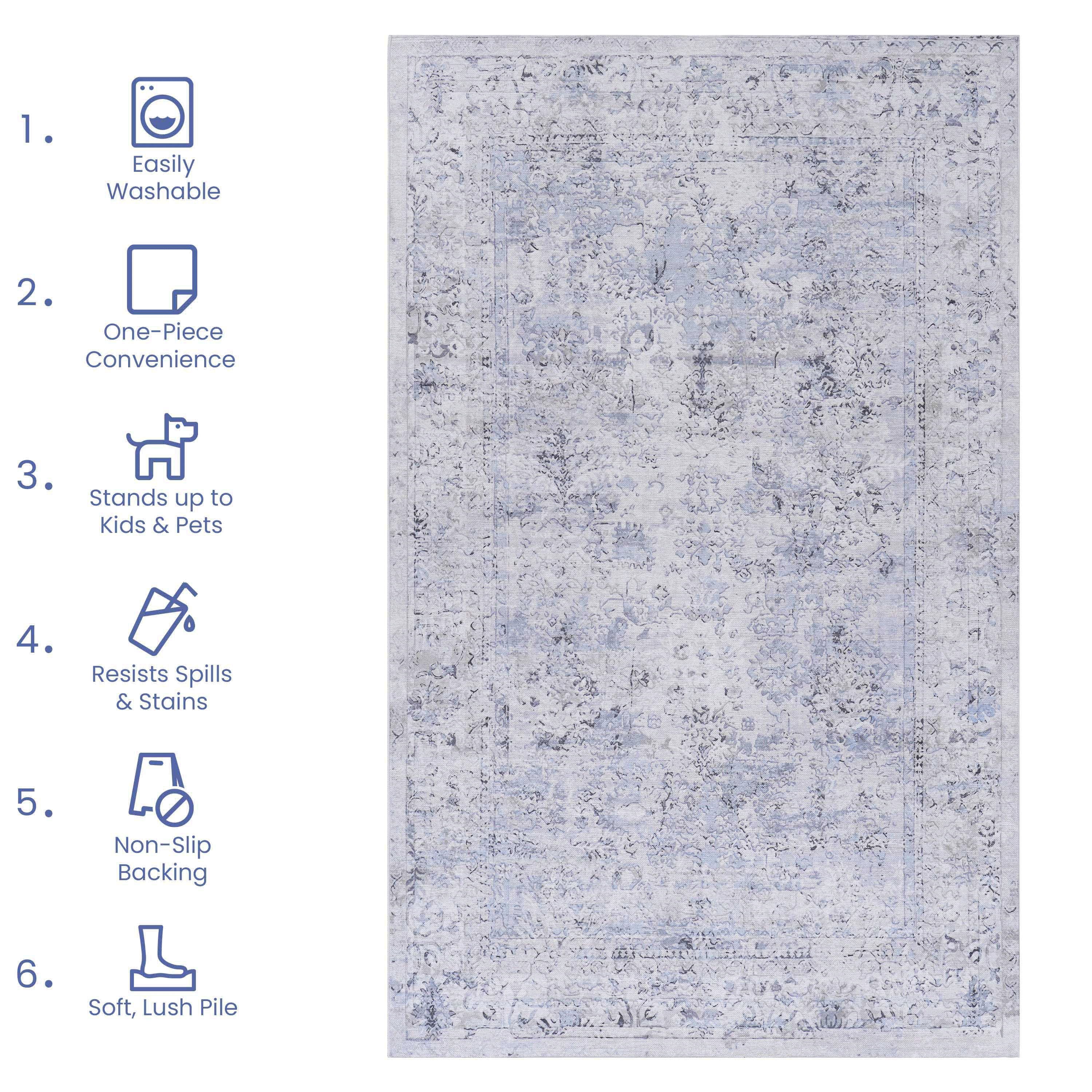 2'6'' X 10' Area Rug, Washable, Low-Pile, Non-Slip, Non-Shedding, Foldable, Kid & Pet Friendly - Blue / Cream