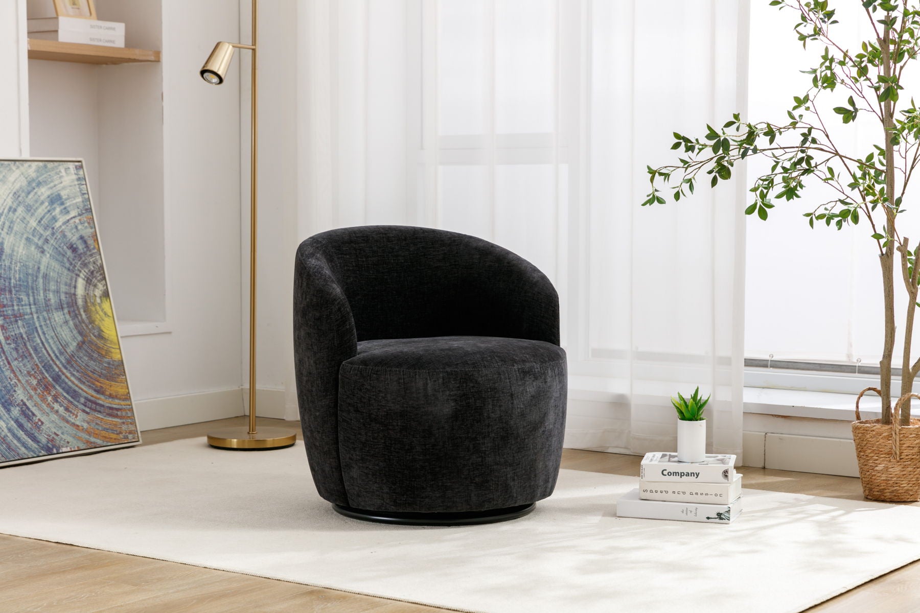 Chenille Fabric Swivel Accent Armchair Barrel Chair With Powder Coating Metal Ring