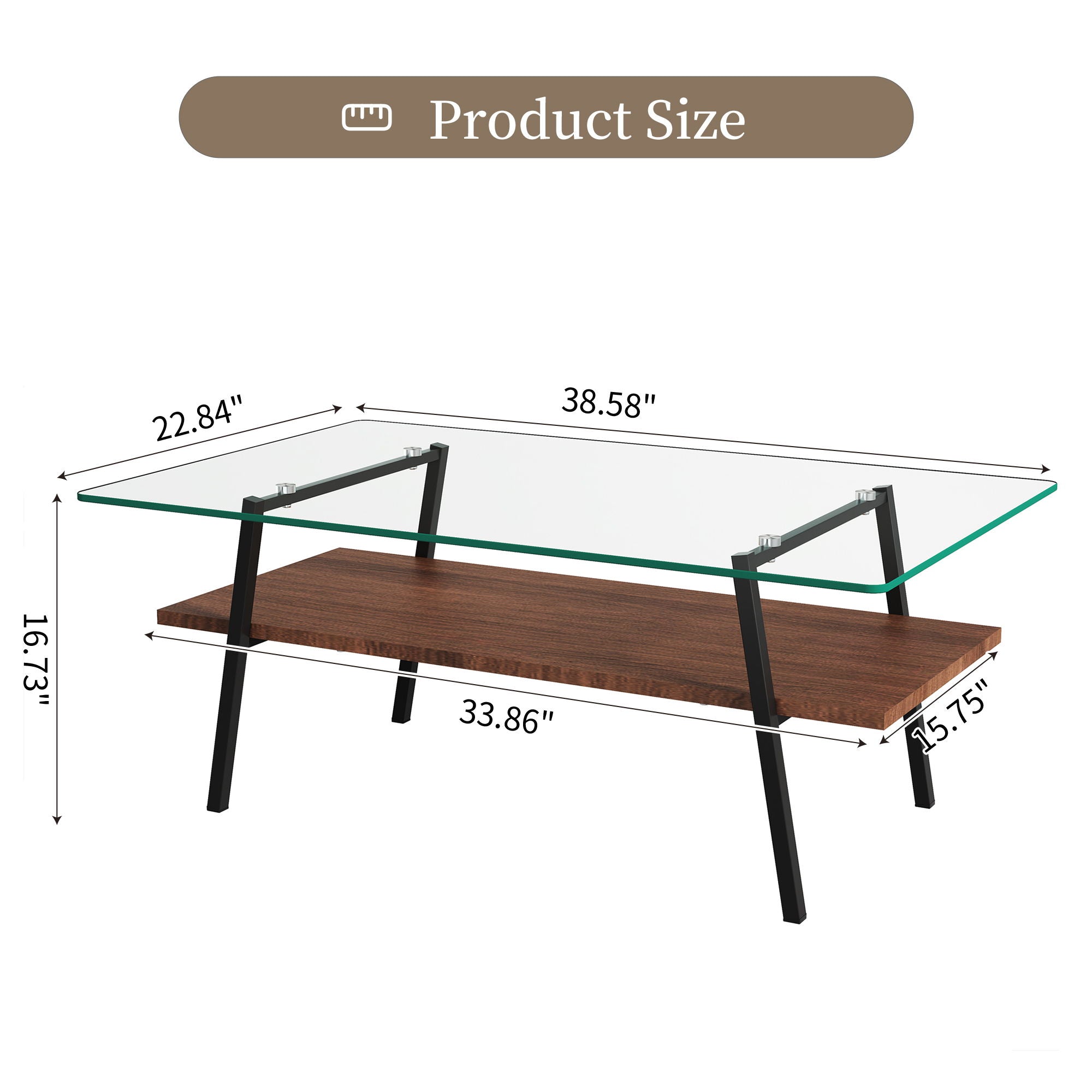 Rectangle Coffee Table, Tempered Glass Tabletop With Metal Legs, Modern Table For Living Room