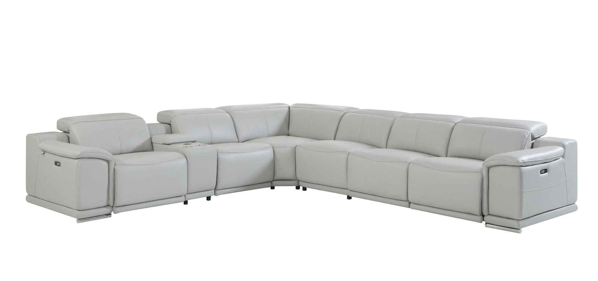 Italian Leather Power Reclining, U Shaped Seven Piece Corner Sectional With Console - Light Gray