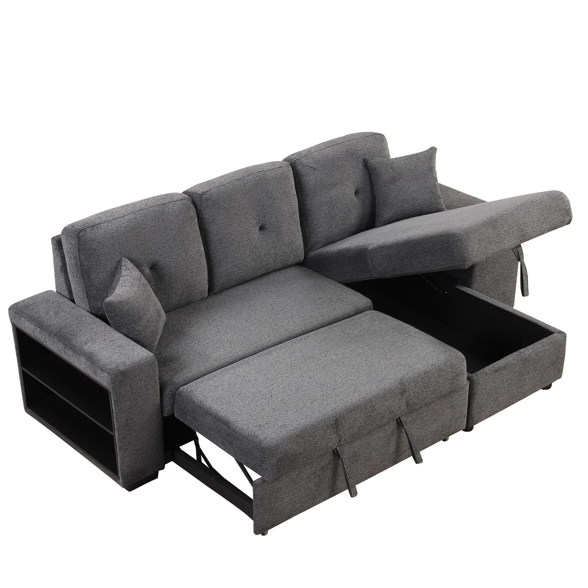 Reversible Sleeper Sectional Sofa Bed With Side Shelf And 2 Stools, Pull-Out L-Shaped Sofa Bed, Corner Sofa-Bed With Storage Chaise Left / Right Hande For Living Room