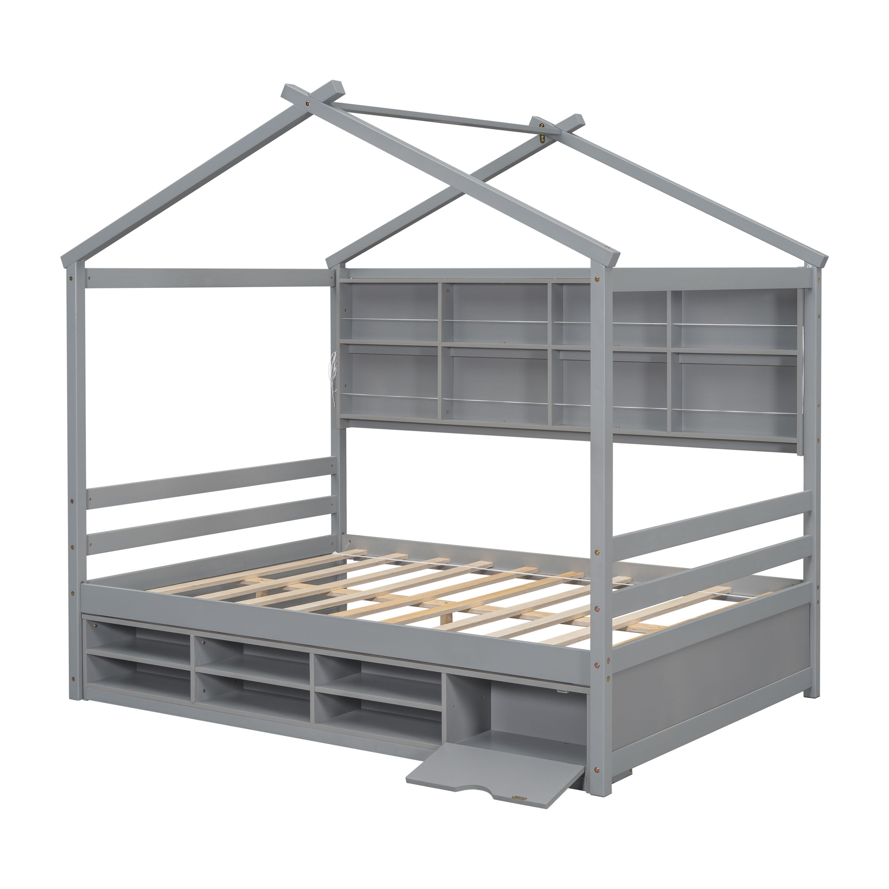 House Bed With Roof Frame, Bedside-Shelves, Under Bed Storage Unit