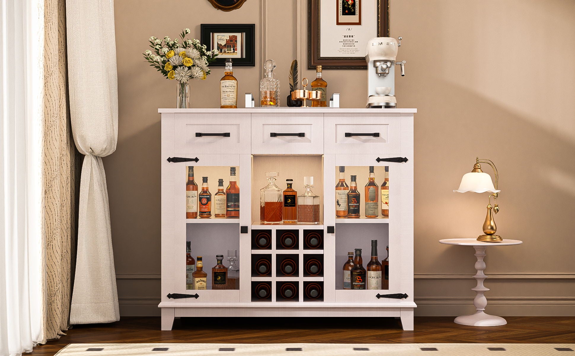 Modern Farmhouse Sideboard Buffet Coffee Bar Cabinet Storage Cabinet With LED Charging Station, Wine & Glass Rack, 3 Drawers, For Kitchen, Dining Room, Living Room - Antique White