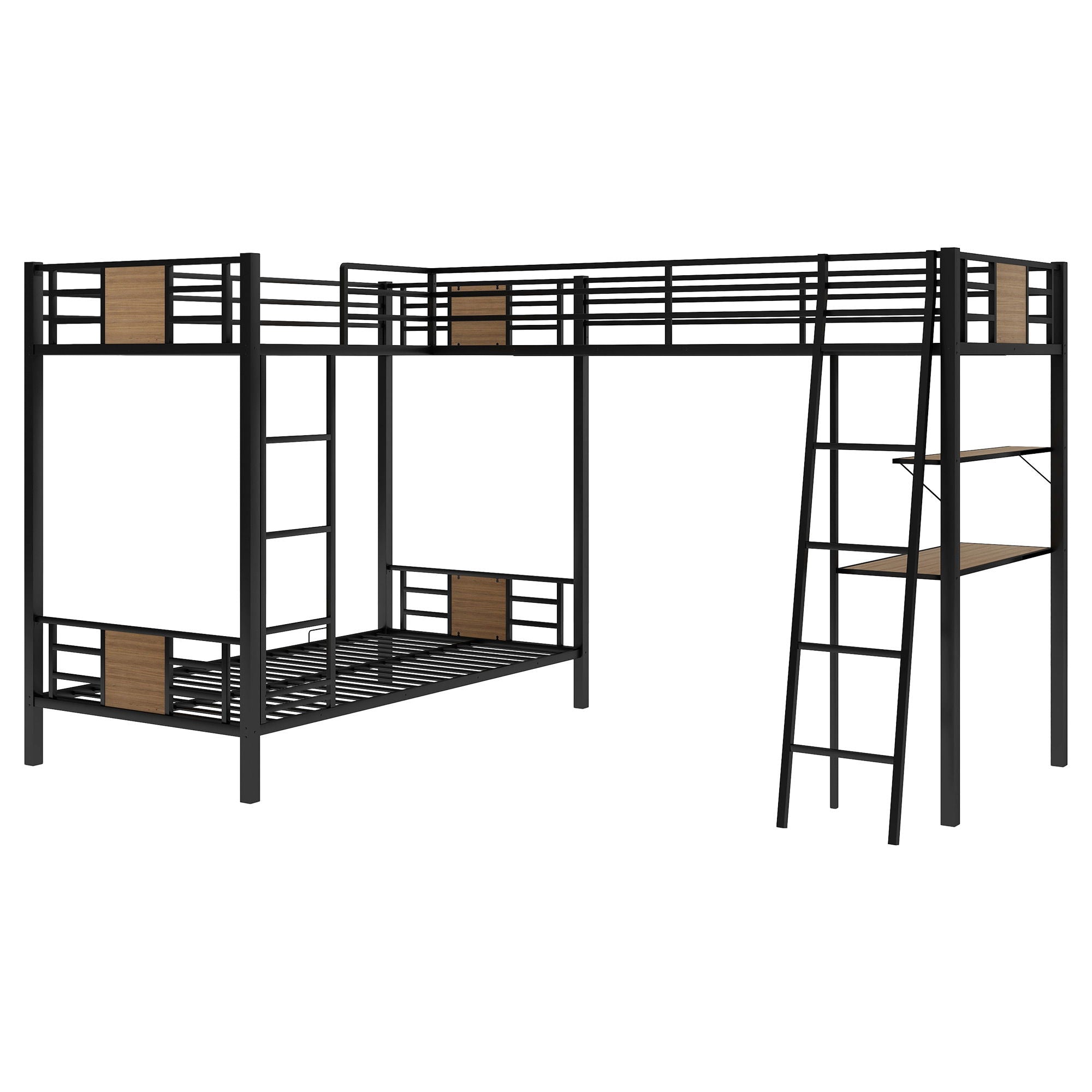 L-Shaped Twin Over Twin Bunk Bed With Twin Size Loft Bed With Desk And Shelf - Brown