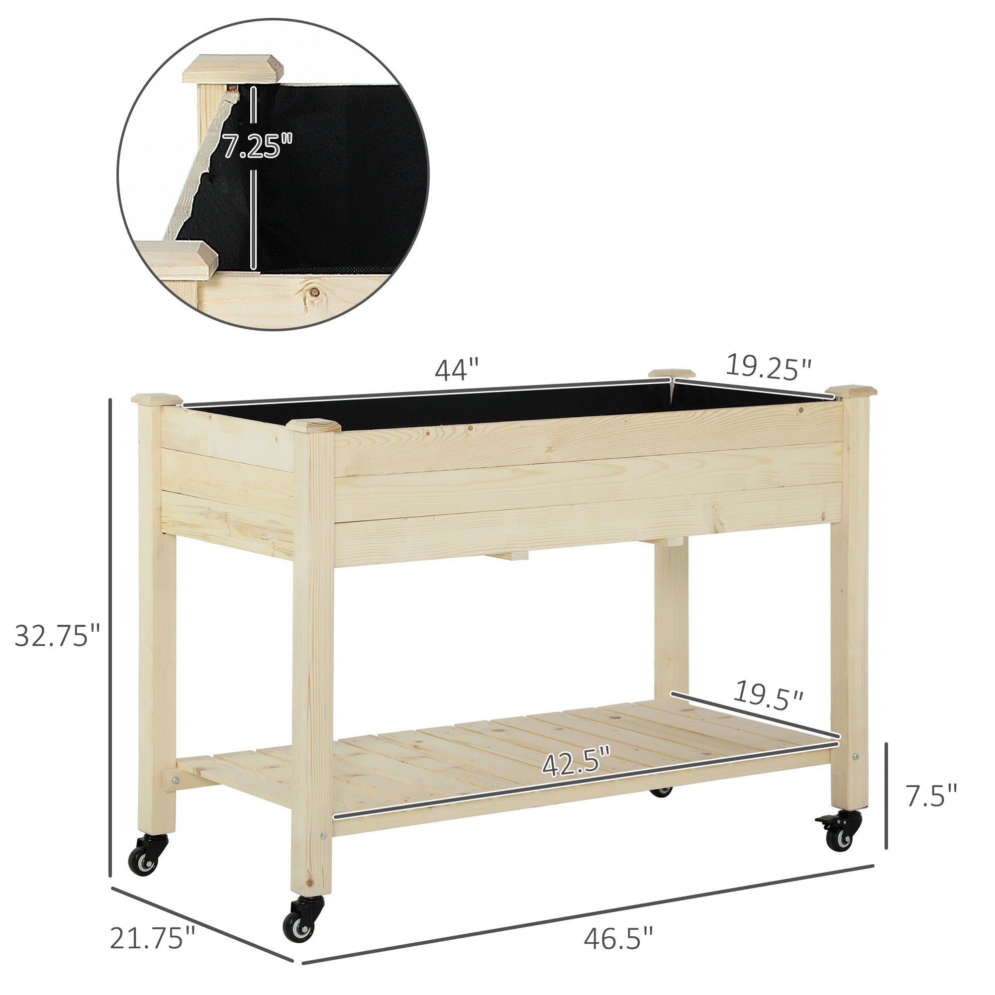 Outsunny - Raised Garden Bed, 47" x 22" x 33", Elevated Wooden Planter Box With Lockable Wheels, Storage Shelf, And Bed Liner For Backyard, Patio - Natural