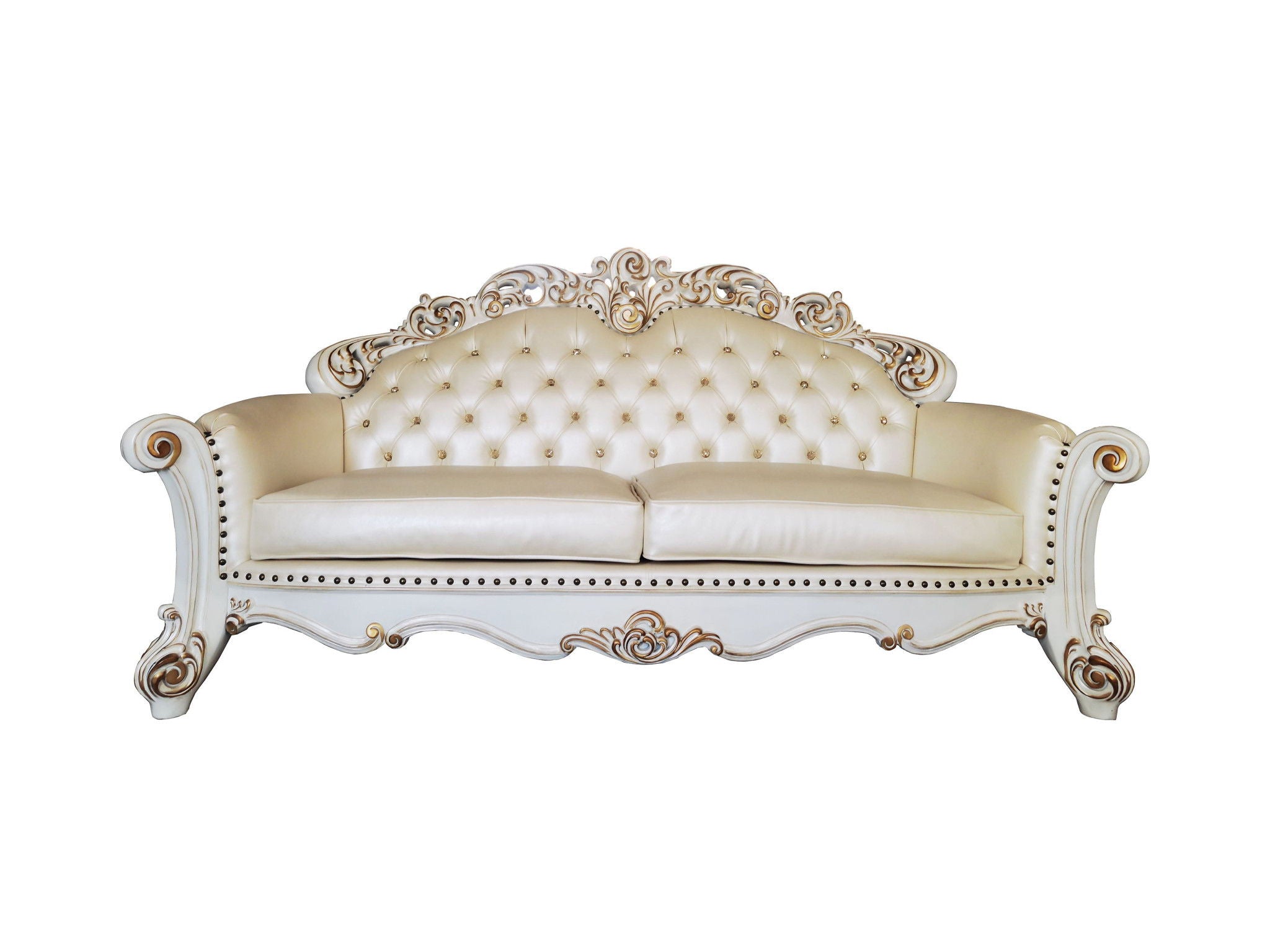 Faux Leather Sofa And Toss Pillows With Pearl Legs - Champagne