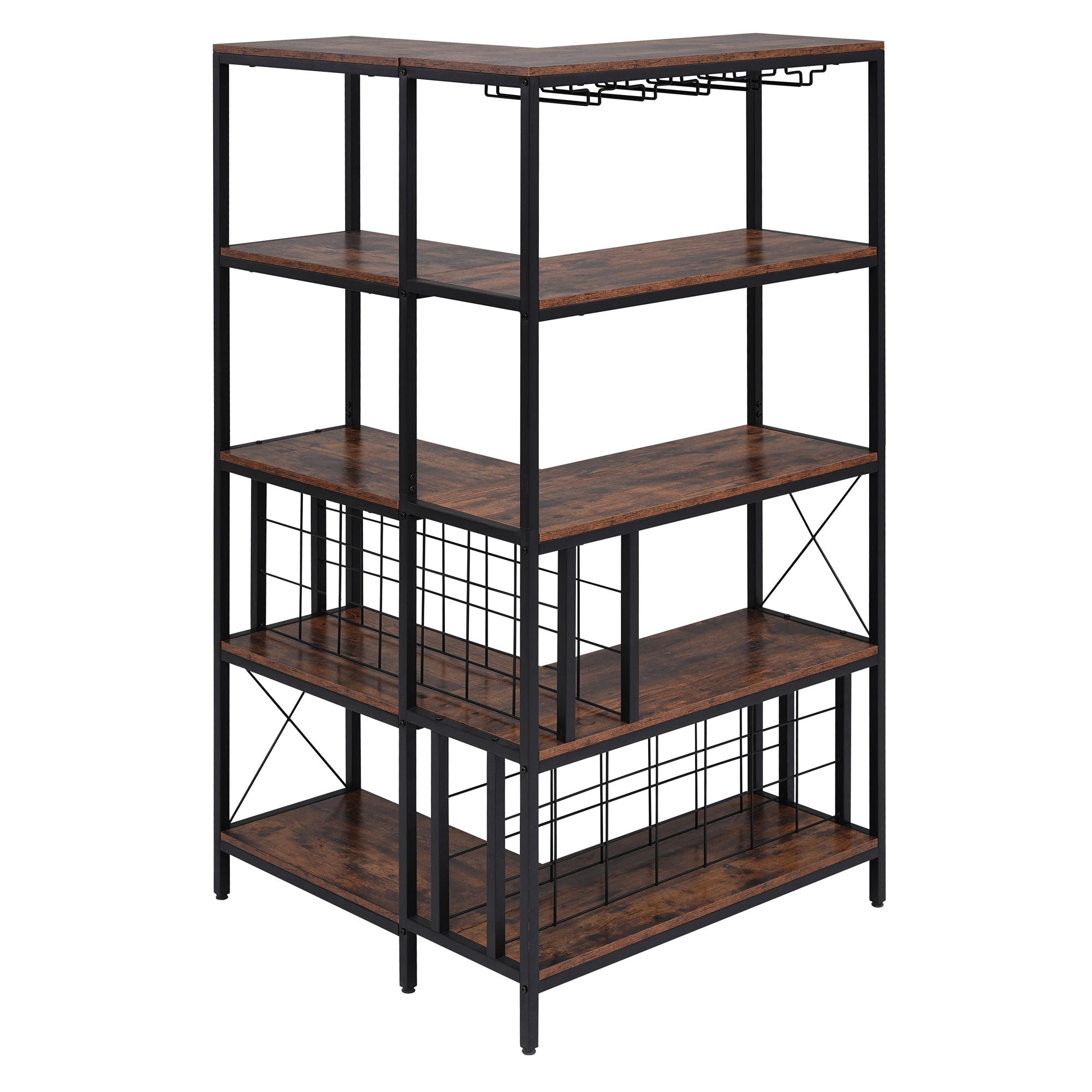 Corner Wine Rack Bar Cabinet Industrial Freestanding Floor Bar Cabinets For Liquor And Glasses Storage For Home Kitchen - Walnut / Black