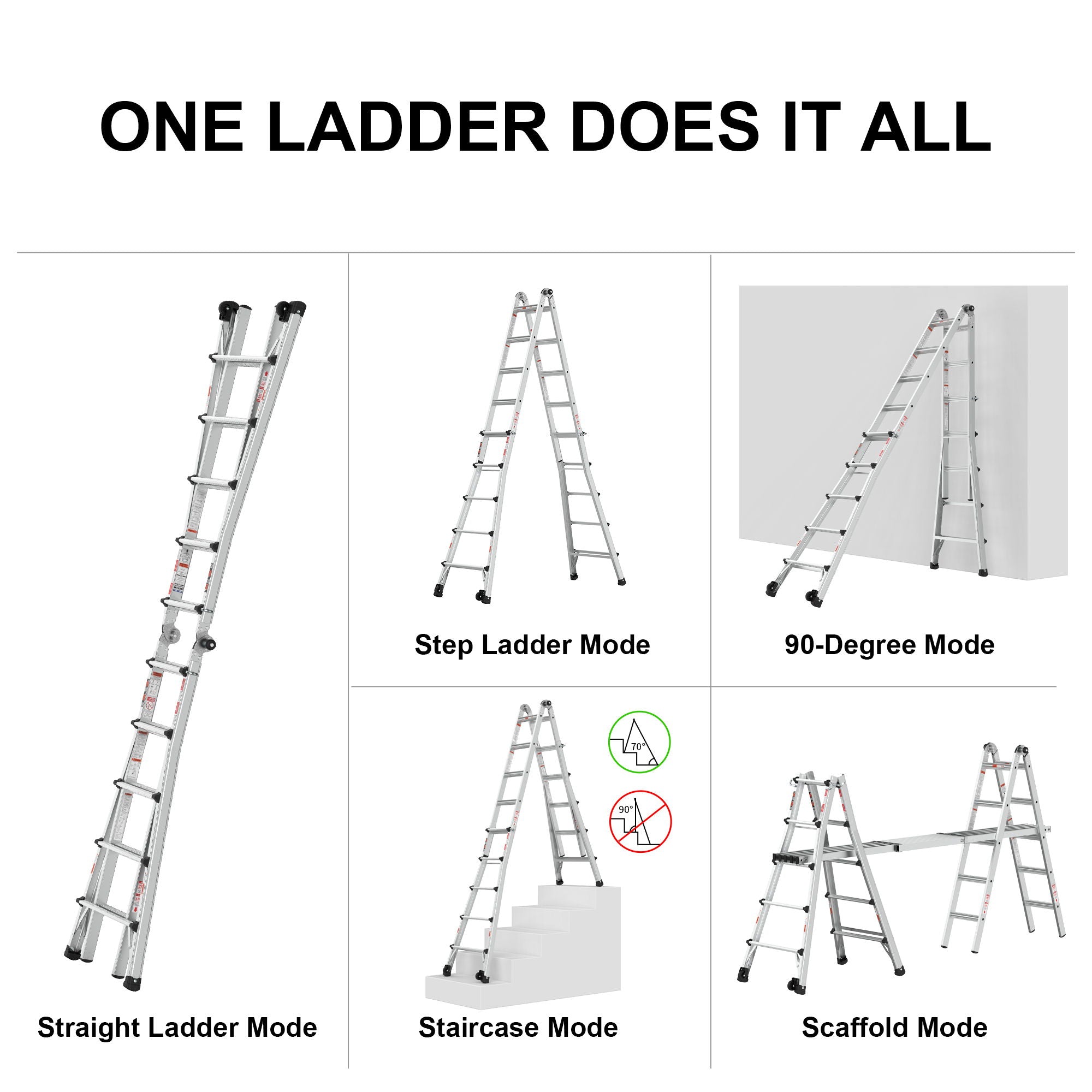 22' Aluminum Multi-Position Ladder With Wheels, 300 Lbs Weight Rating - Metallic Gray