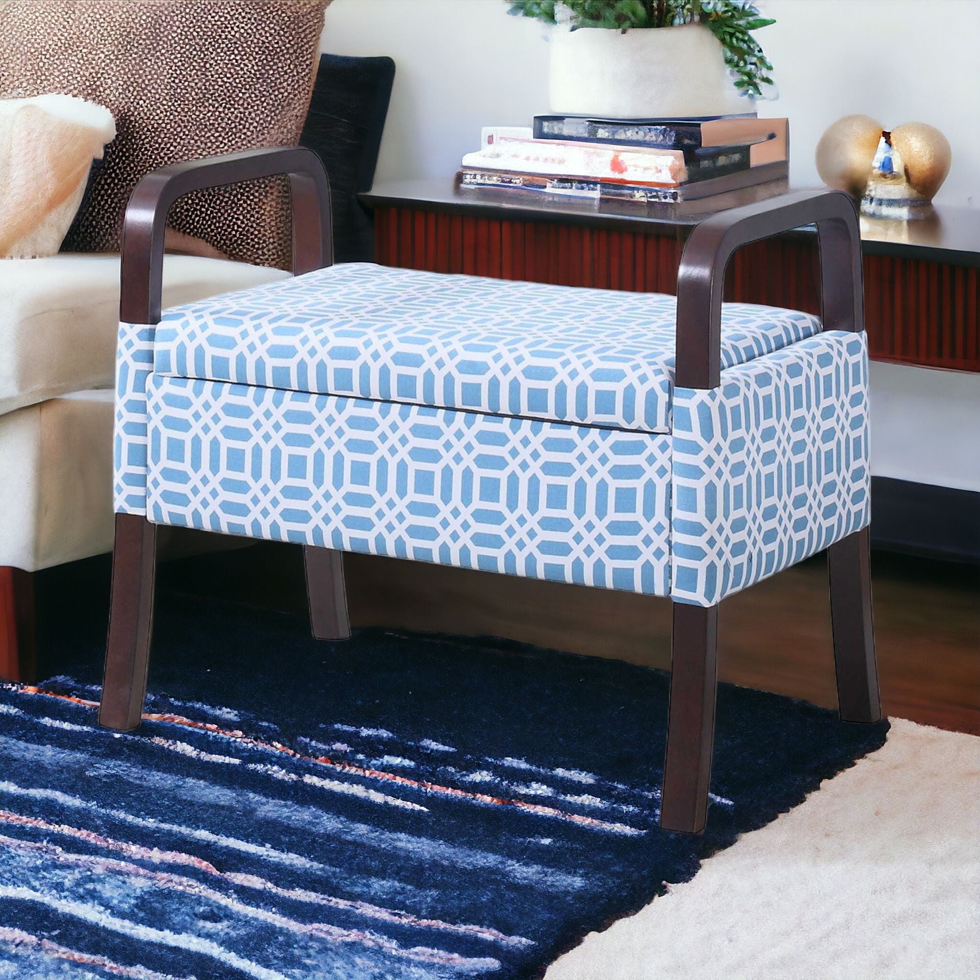 Polyester And Dark Brown Ottoman - Blue / White