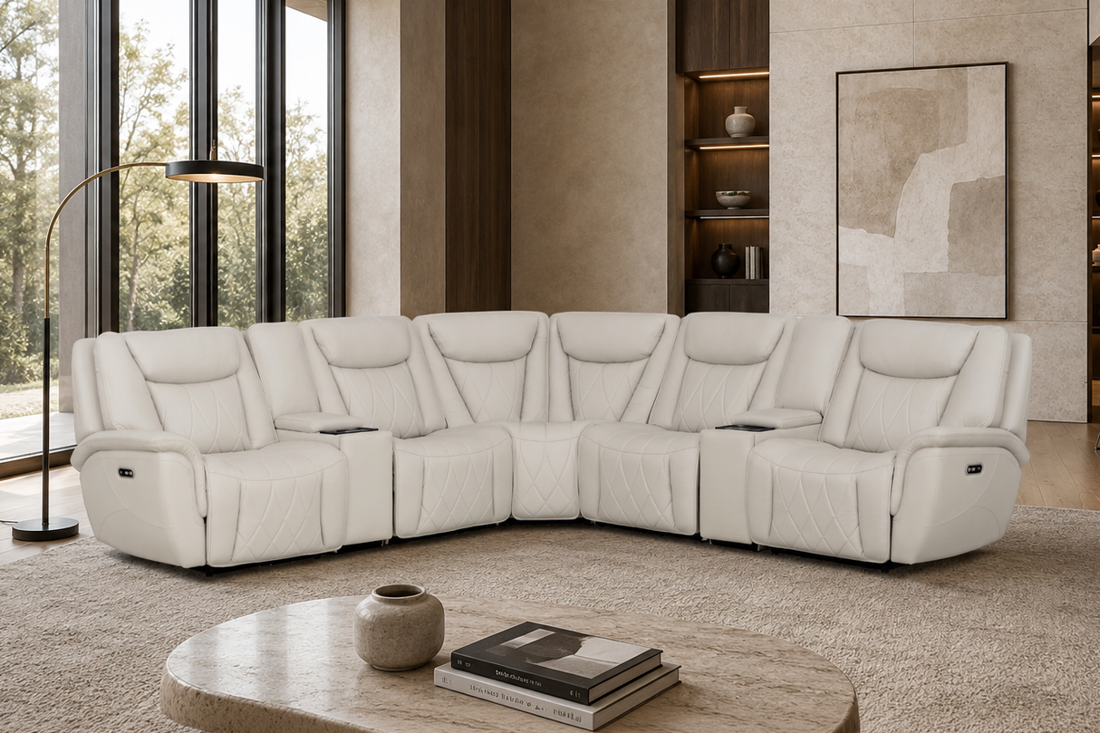 Light Gray 7-Piece Top Grain Leather Dual-Power Reclining Sectional with Wireless Charging