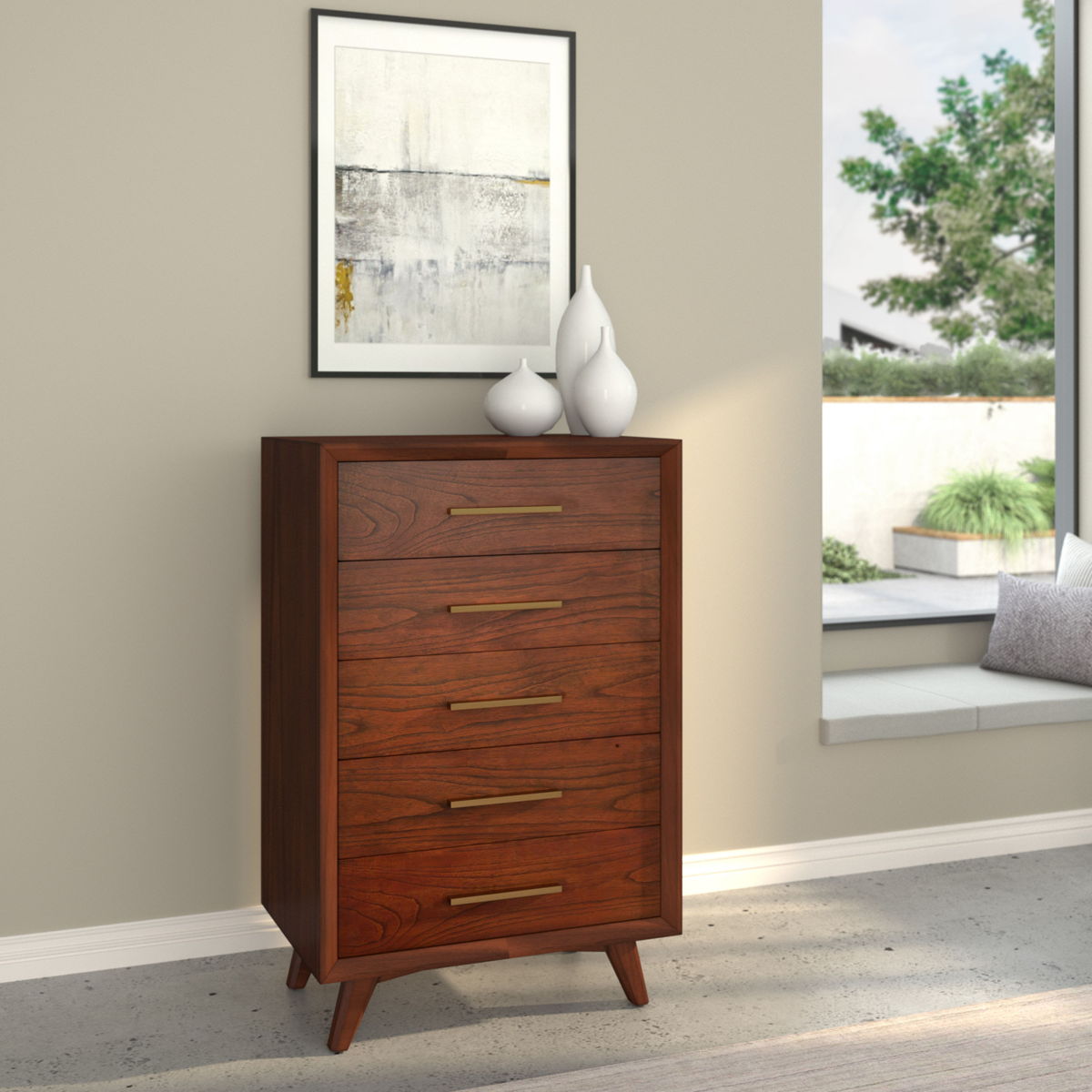 Solid Wood Five Drawer Chest - Walnut