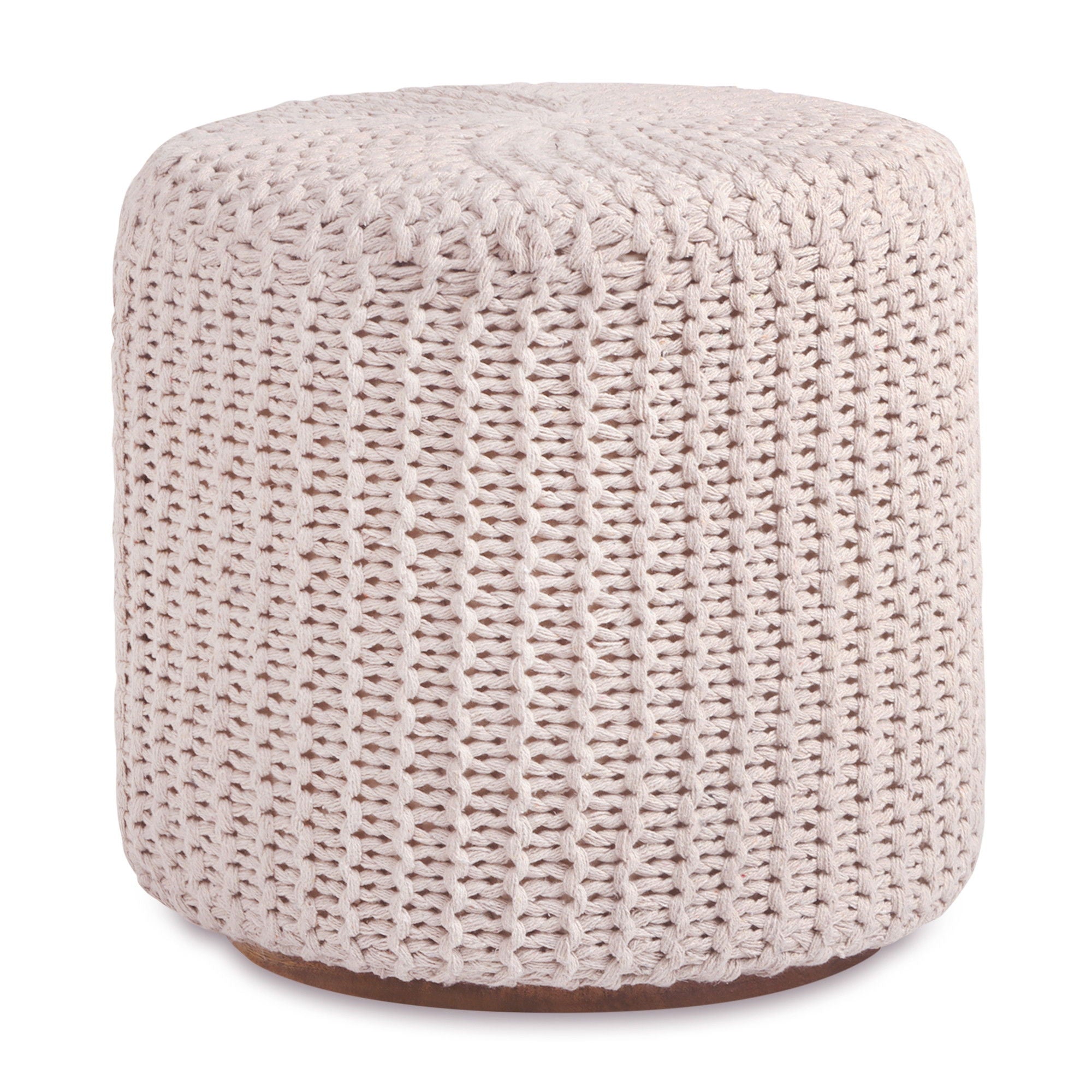 Cotton Blend Round Pouf Ottoman - Ivory