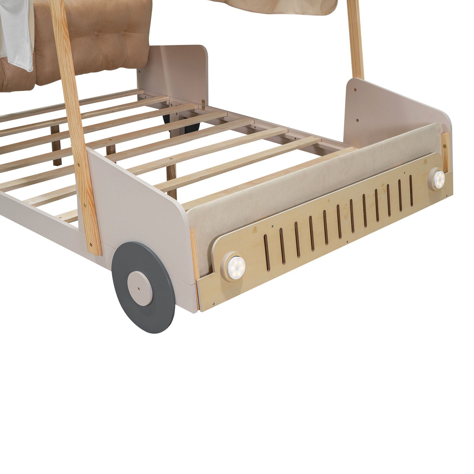 Wood Full Size Car Bed With Pillow, Ceiling Cloth And LED - Natural