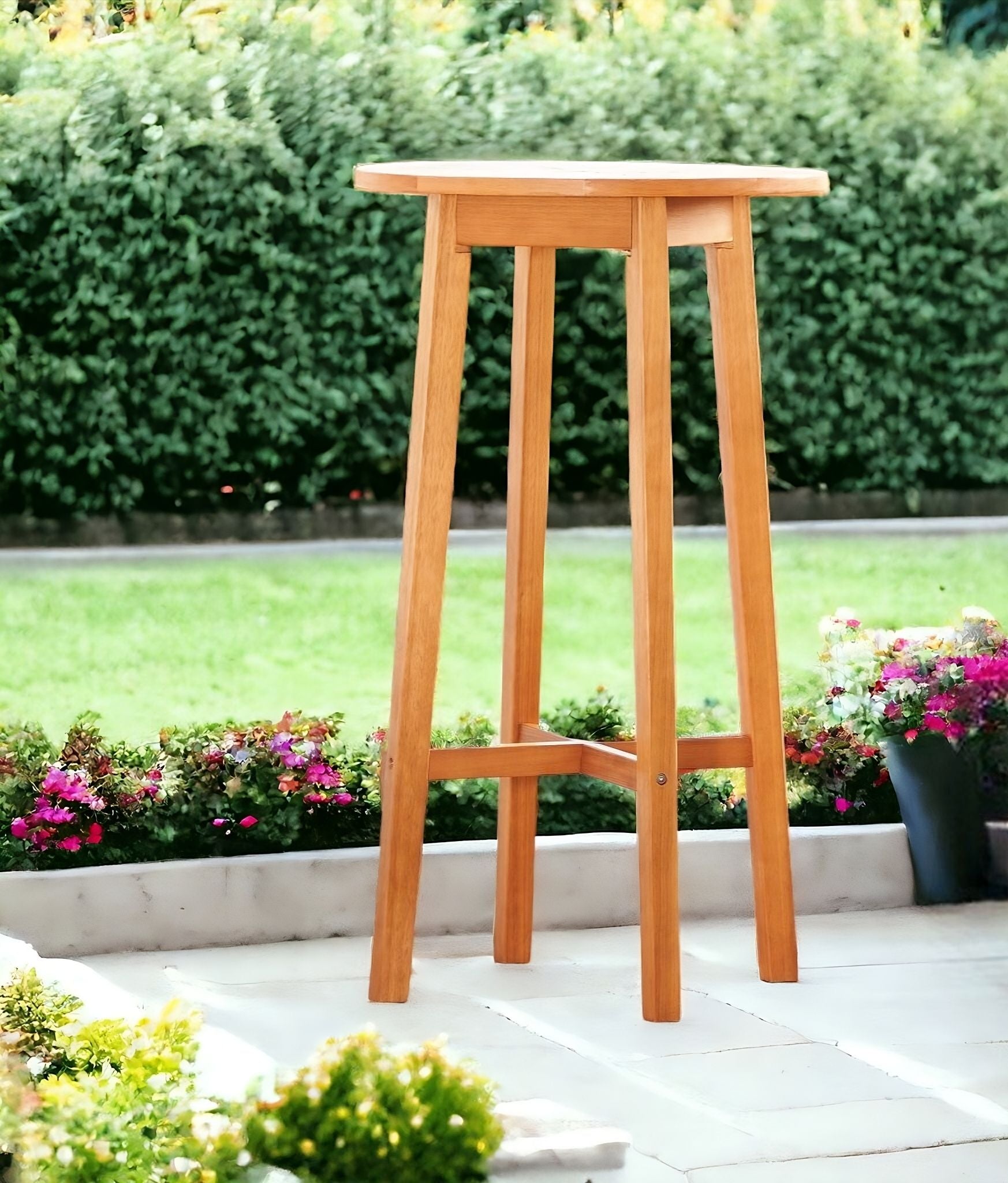 Slat Wood Outdoor Round Bar Table - Natural Eucalyptus