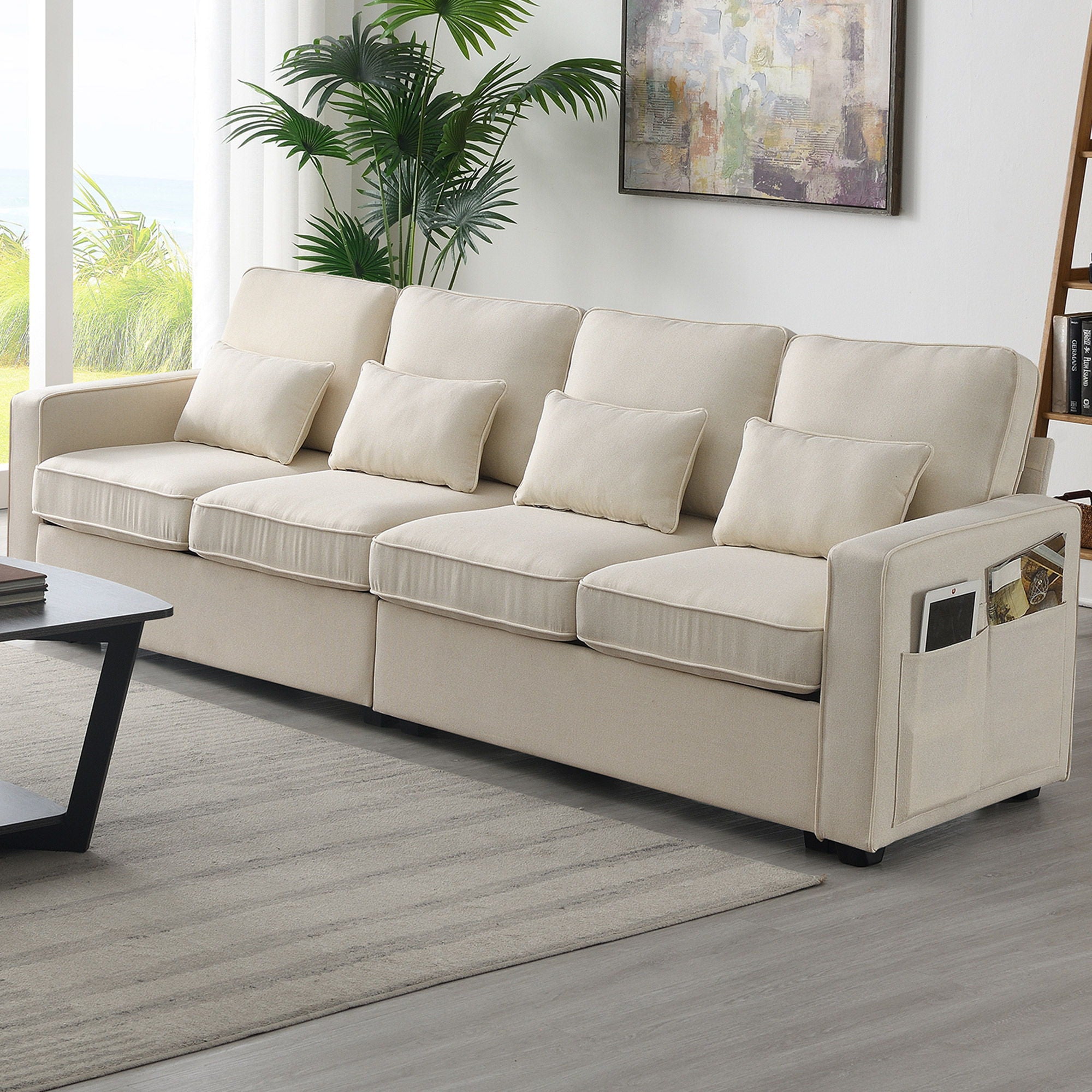 4 Seater Modern Linen Sofa With Armrest Pockets And 4 Pillows, Minimalist Style Couch For Living Room