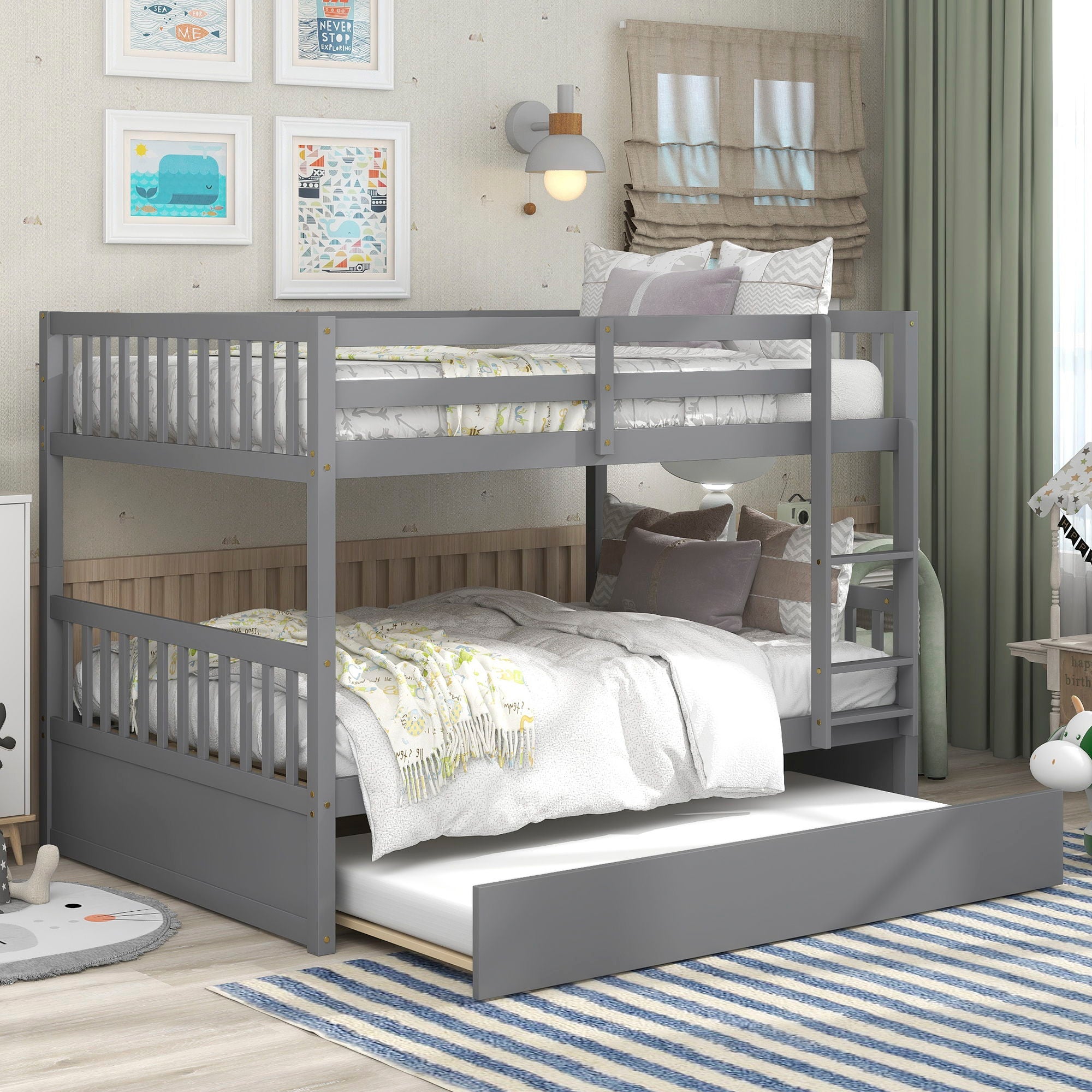 Bunk Bed With Trundle, Convertible To 2 Size Platform Bed, Bunk Bed With Ladder And Safety Rails For Kids