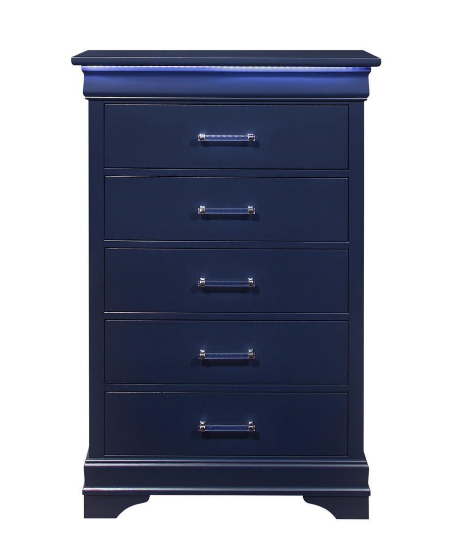 Solid Wood Five Drawer Chest With Led Lighting - Blue