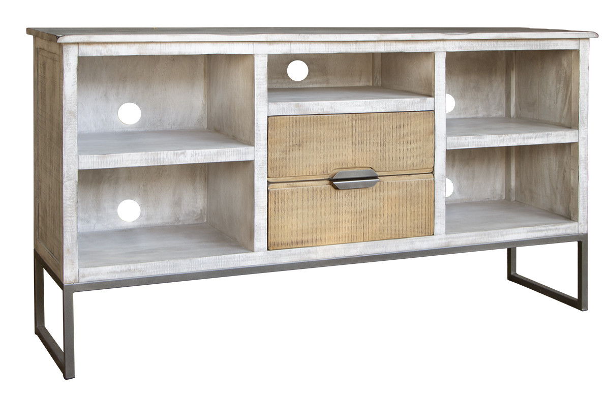 Solid Wood Open Shelving Distressed TV Stand - Light Gray