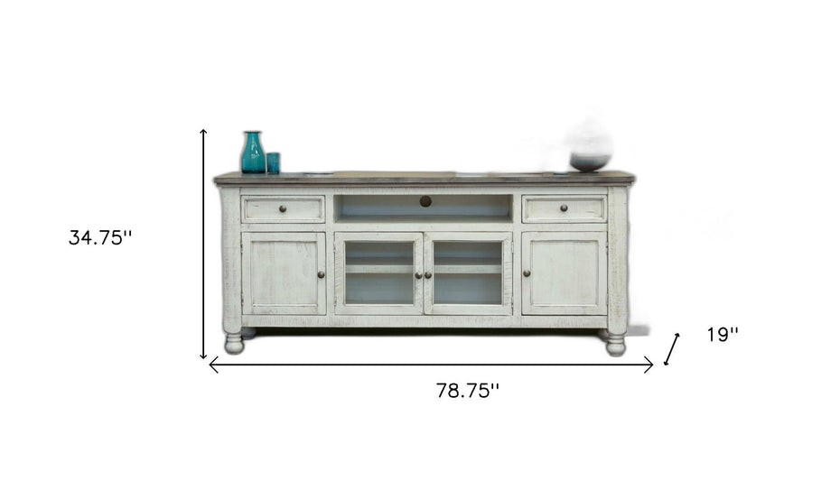 Wood Open Shelving Distressed TV Stand - Ivory