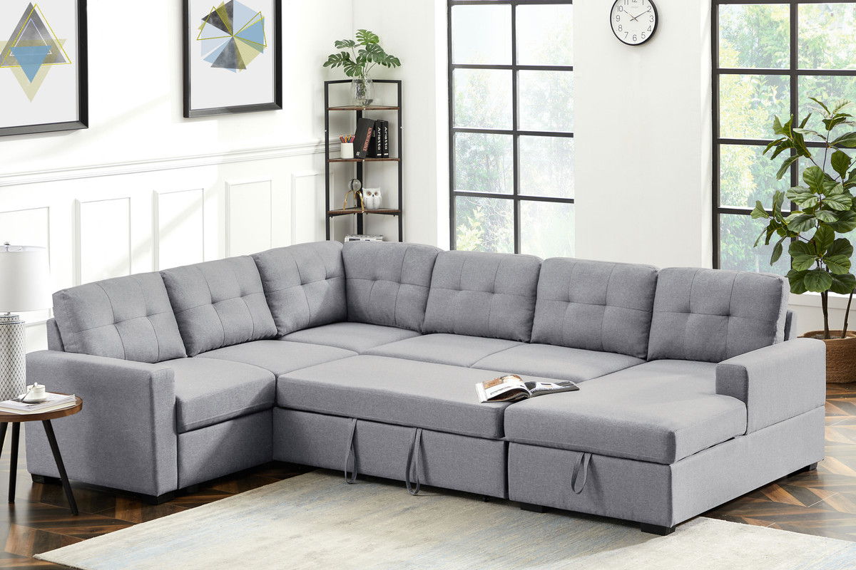 Selene - Linen Fabric Sleeper Sectional Sofa With Storage Chaise