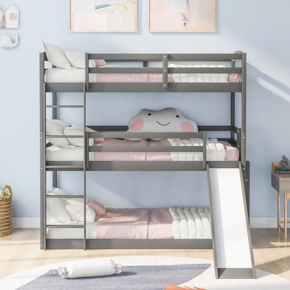 Triple Bunk Twin Sized Bed with Slide - Gray