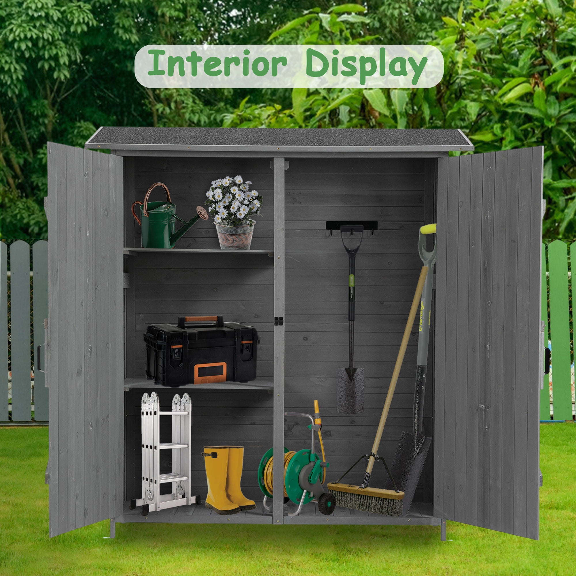 Outdoor Storage Shed With Lockable Door, Wooden Tool Storage Shed With Detachable Shelves & Pitch Roof