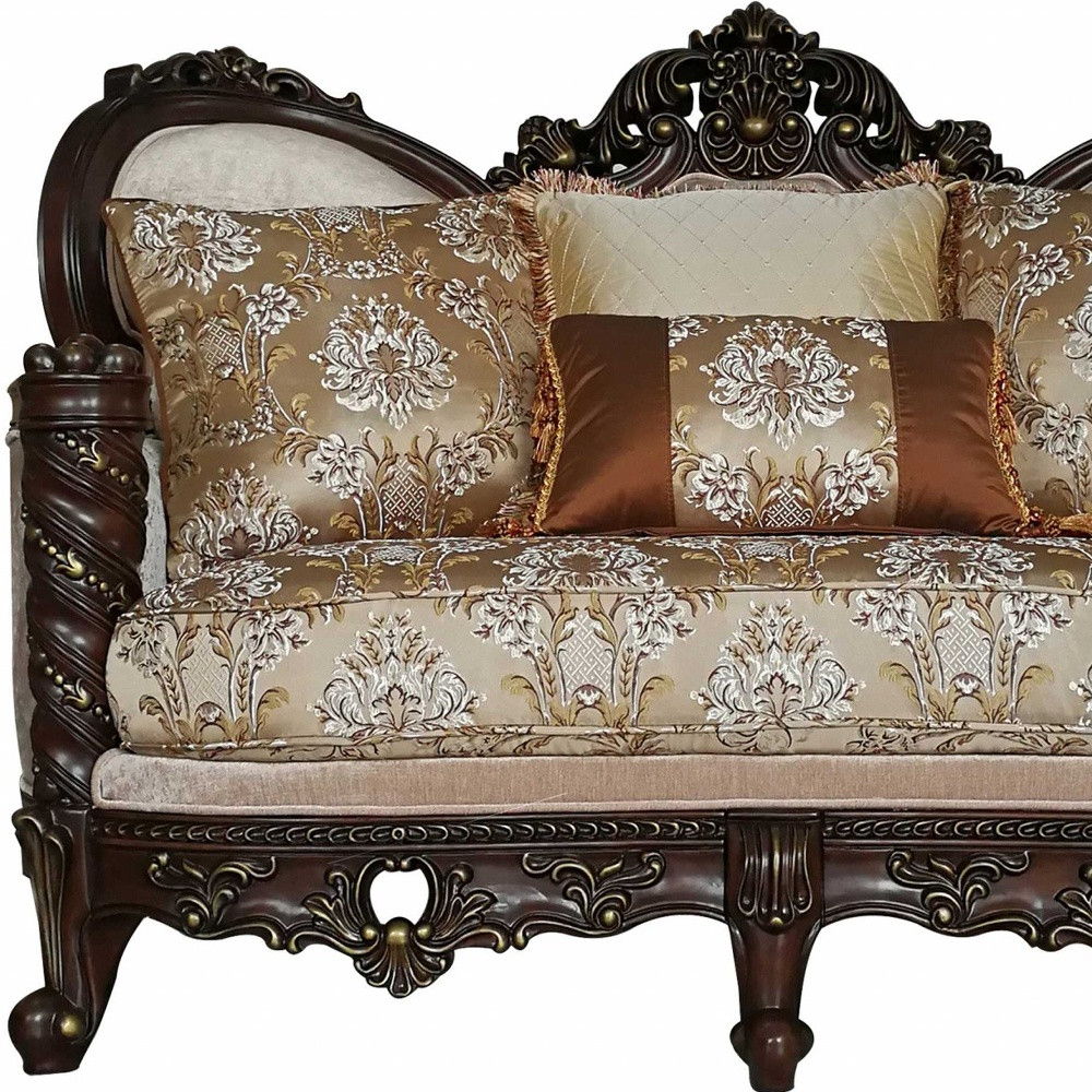 Polyester Blend Damask Chesterfield Loveseat And Toss Pillows - Cream / Brown