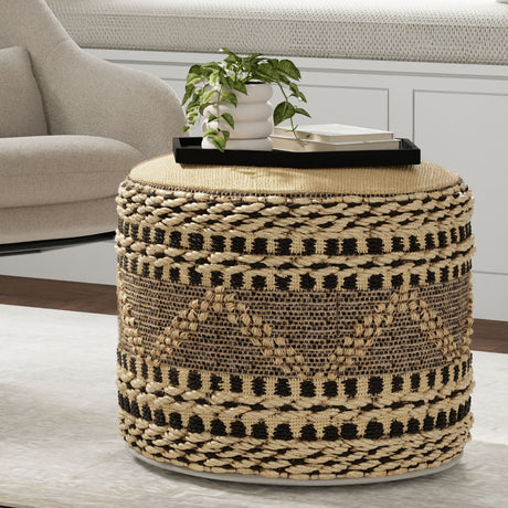 Stella - Round Woven Pouf - Natural / Black by Simpli-Home | Bel Furniture