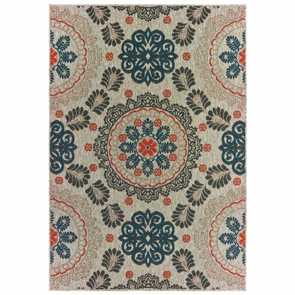 10' X 13' Damask Indoor / Outdoor Area Rug - Blue / Gray