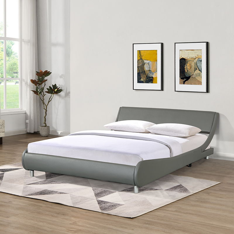 Queen Size Upholstered Platform Bed Frame, Curve Design, Wood Slat Support, No Box Spring Needed - Gray