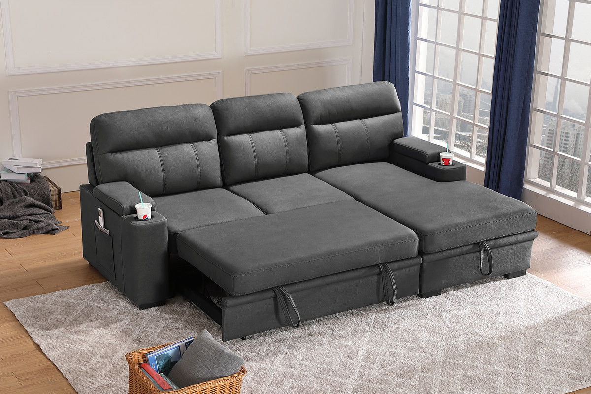 Kaden - Sleeper Sectional Sofa Chaise With Storage Arms And Cupholder