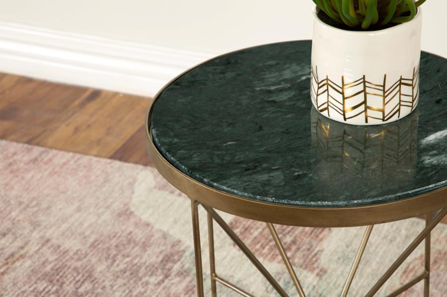 Eliska - Round Green Marble Top Accent Side Table - Antique Gold by CoasterEssence | Bel Furniture