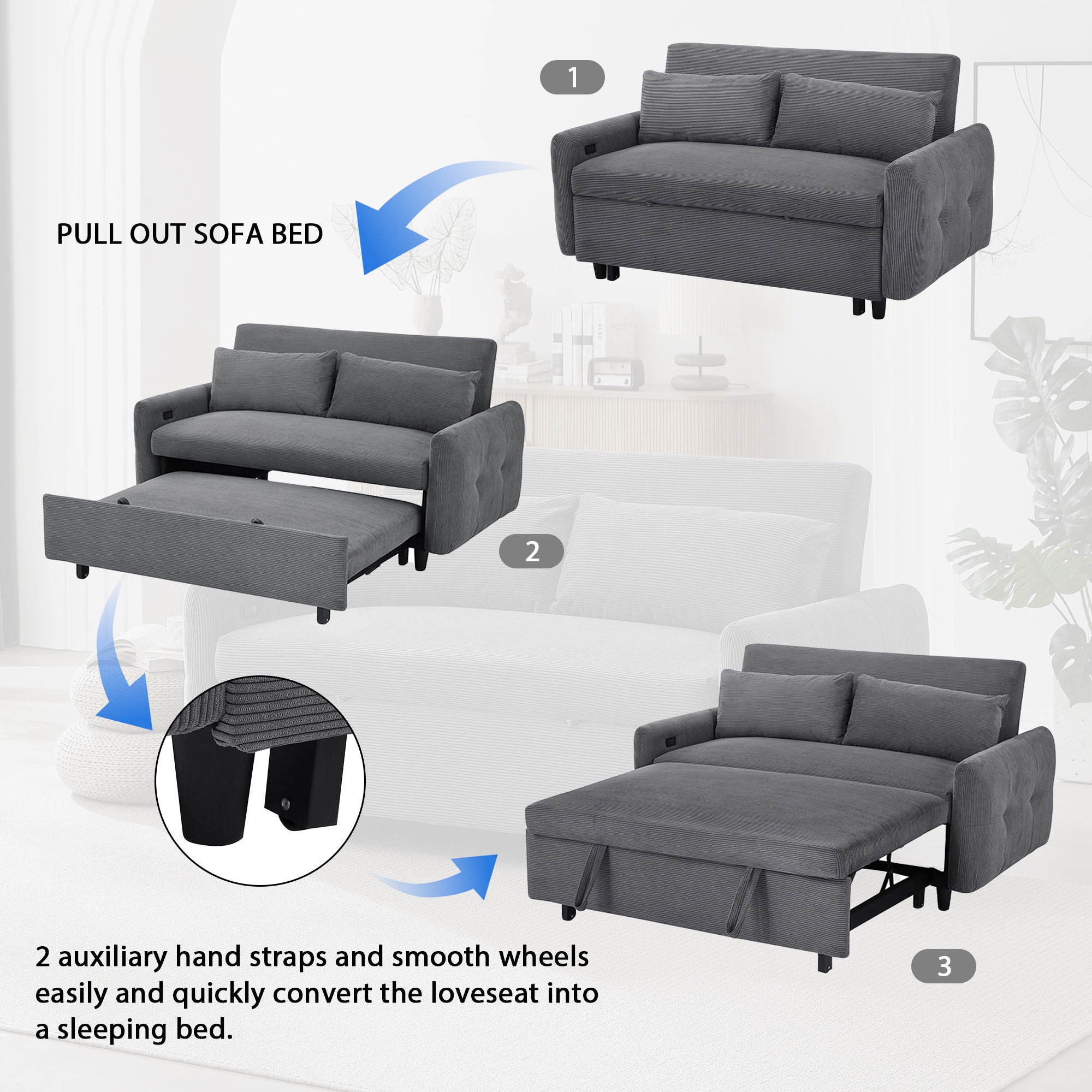 Pull-Out Sofa Bed Convertible Couch 2 Seat Loveseat Sofa Modern Sleeper Sofa With Two Throw Pillows And USB Ports For Living Room