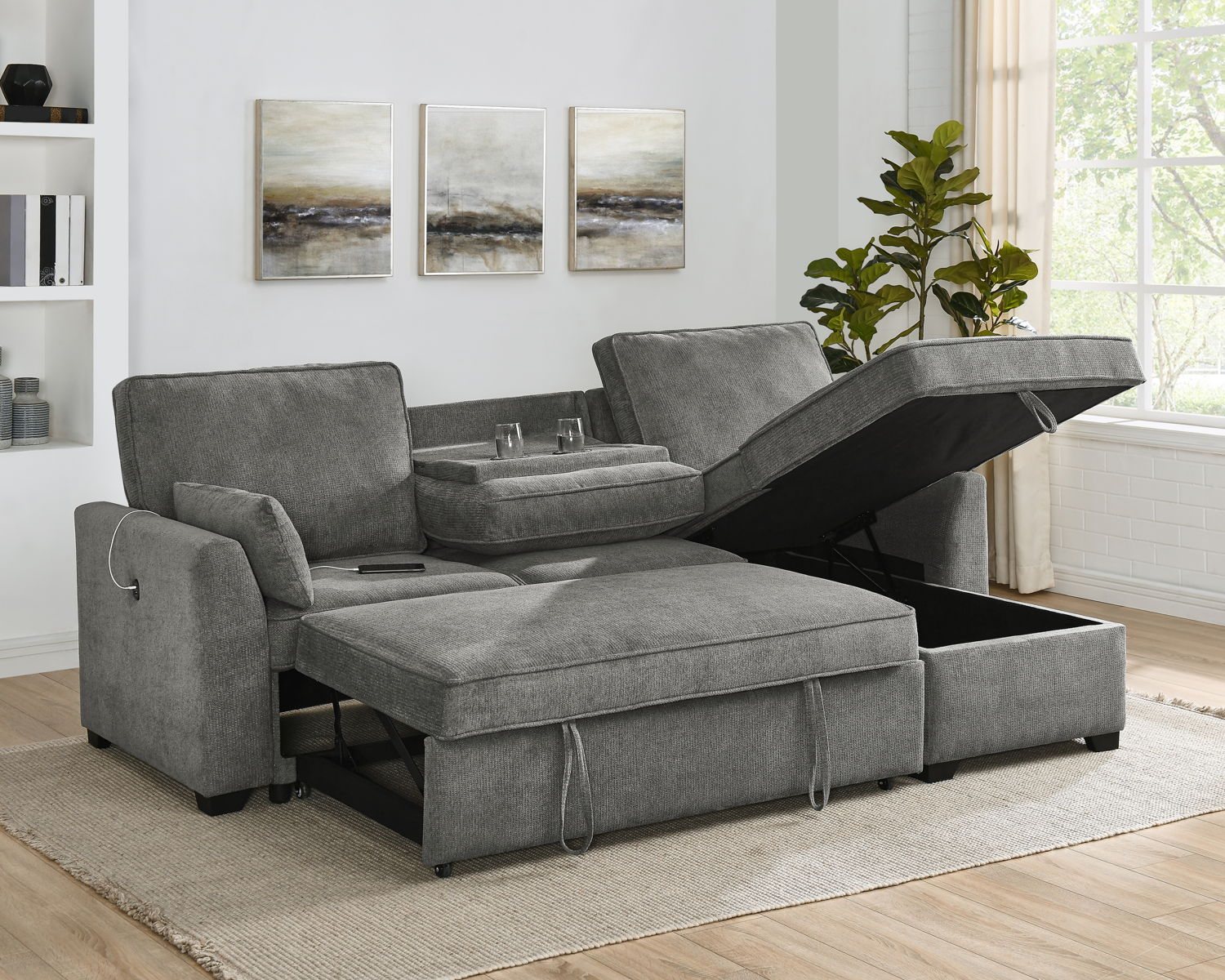 Ember - 92"W Fabric Sleeper Sectional with Reversible Storage Chaise