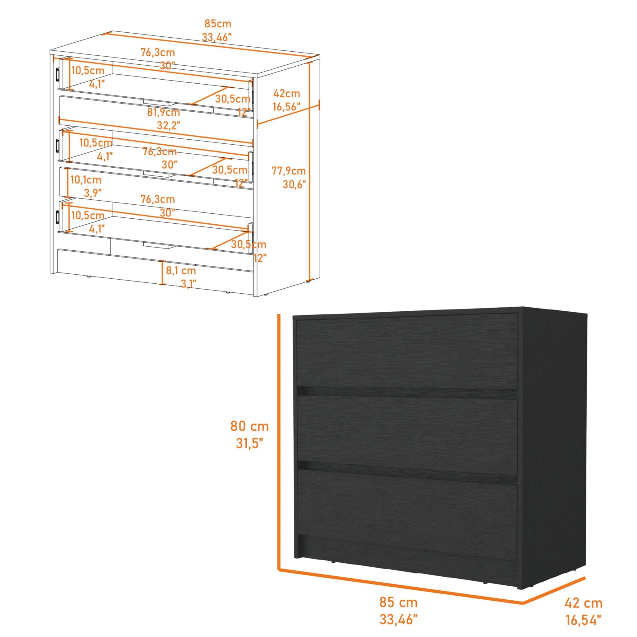 Manufactured Wood Three Drawer No Handles Dresser - Black