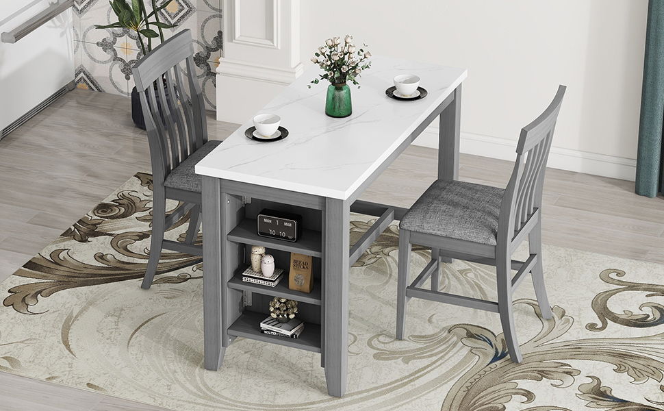 3-Piece Counter Height Dining Table Set With Built-In Storage Shelves, One Faux Marble Top Dining Table And 2 Counter Chairs With Footrest - Gray